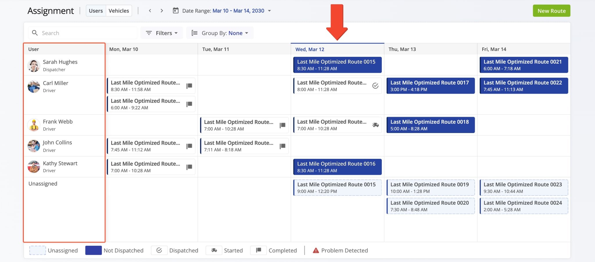 The Assignment Dashboard shows a list of users and their assigned routes, organized by date in a calendar view.