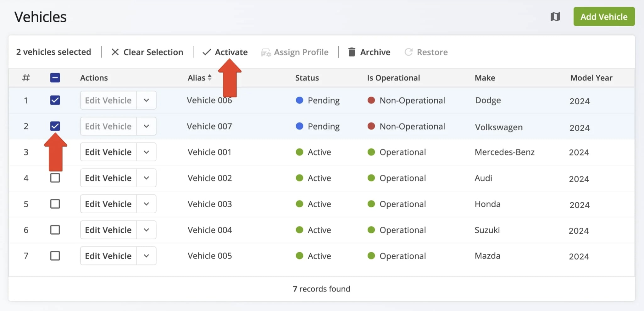 After establishing a telematics connection, your telematics vehicles and their data will be automatically imported to your vehicles list.