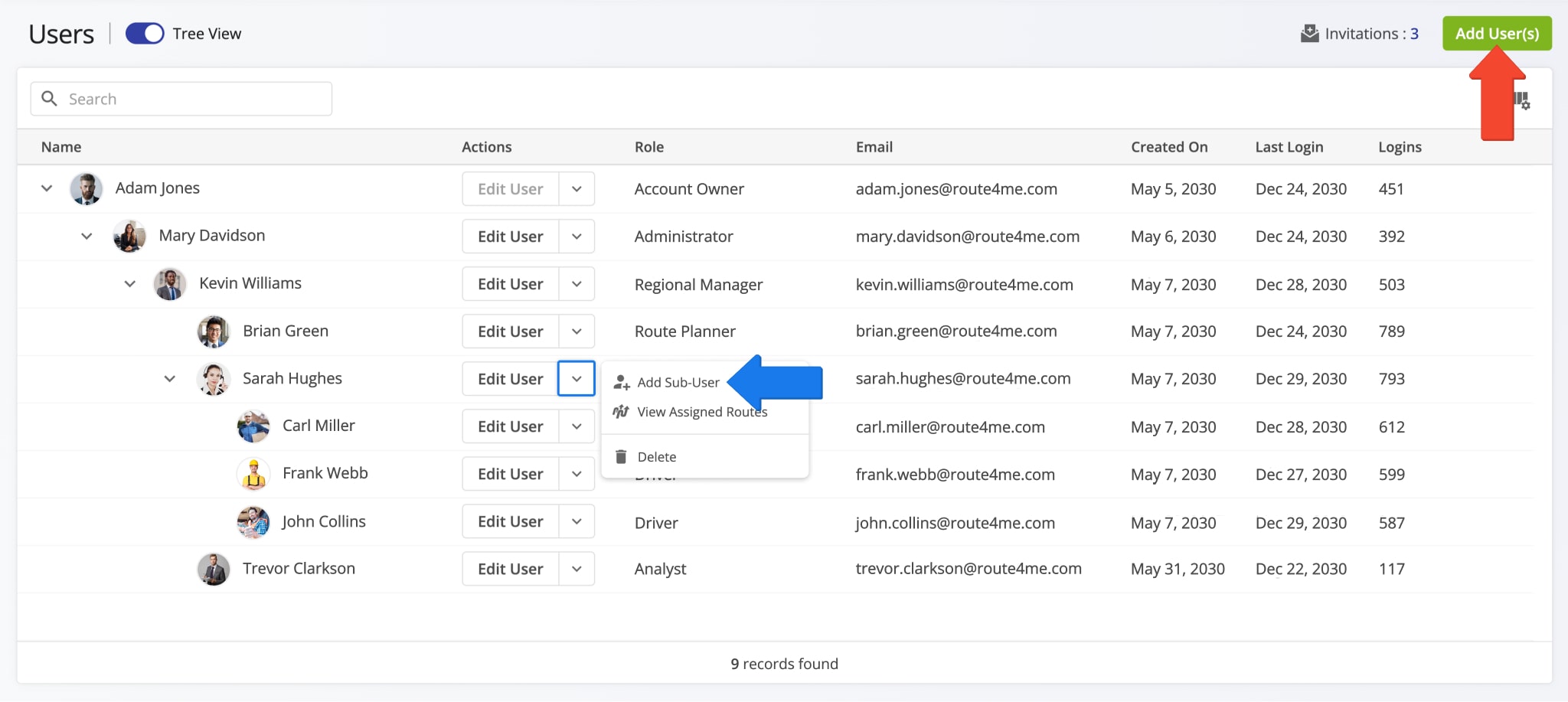 Add drivers, route planners, dispatchers, and other team members by creating user profiles.