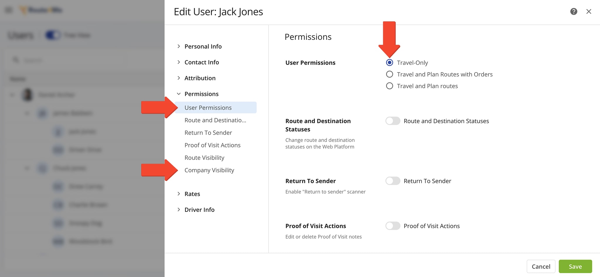 Read-Only and Company Visibility vehicle permissions settings.