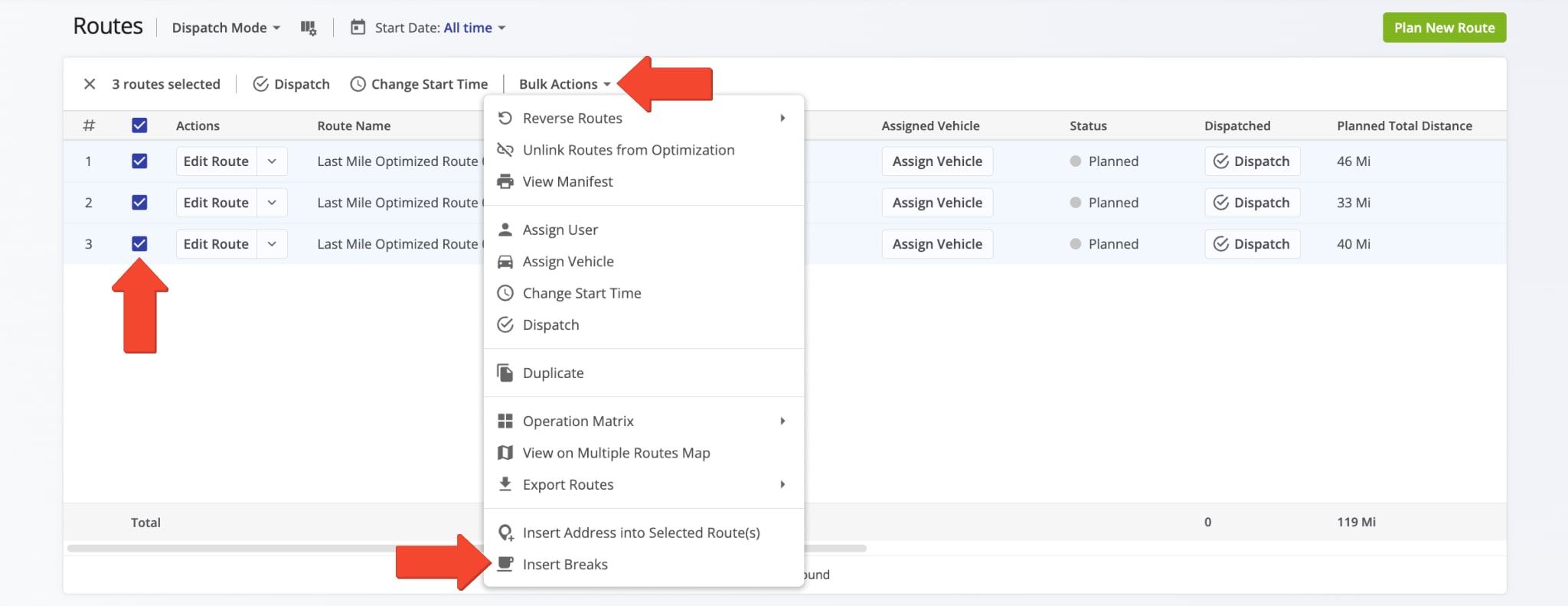 To insert breaks from the Routes List, first select your preferred planned routes by checking the boxes next to them. Then, click Bulk Actions and select Insert Breaks from the menu.