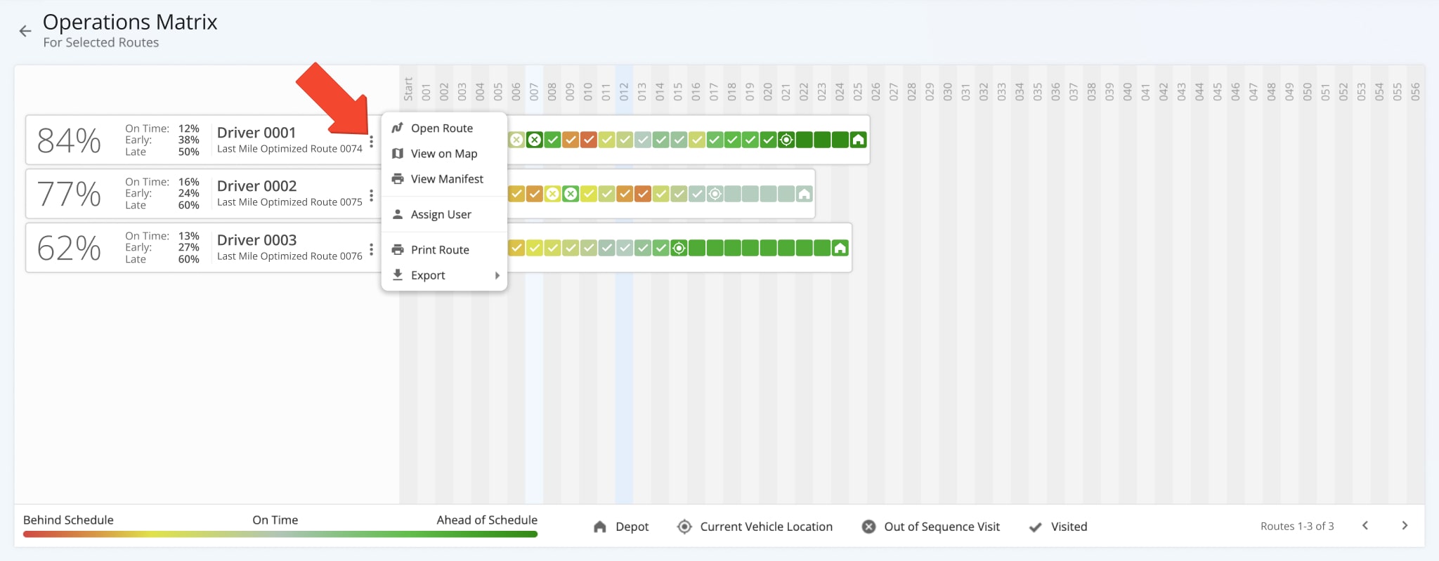 Access additional management, sharing, and export features on the Operation Matrix by clicking the Three-dot Icon on the preferred route.