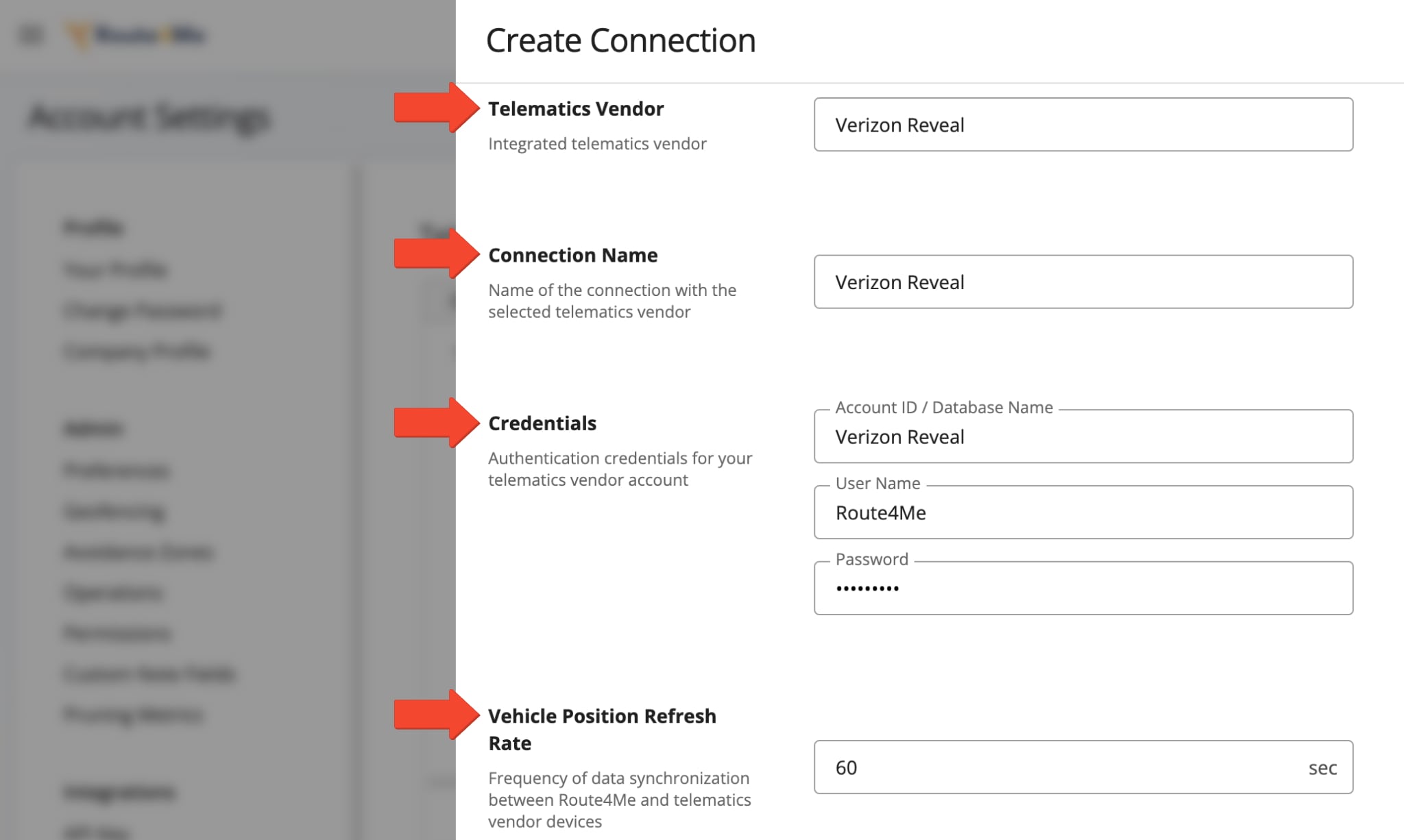 In the 'Add Connection' popup, select Verizon Reveal from the Telematics Vendor dropdown, name the connection, enter your credentials, and set the Vehicle Position Refresh Rate.