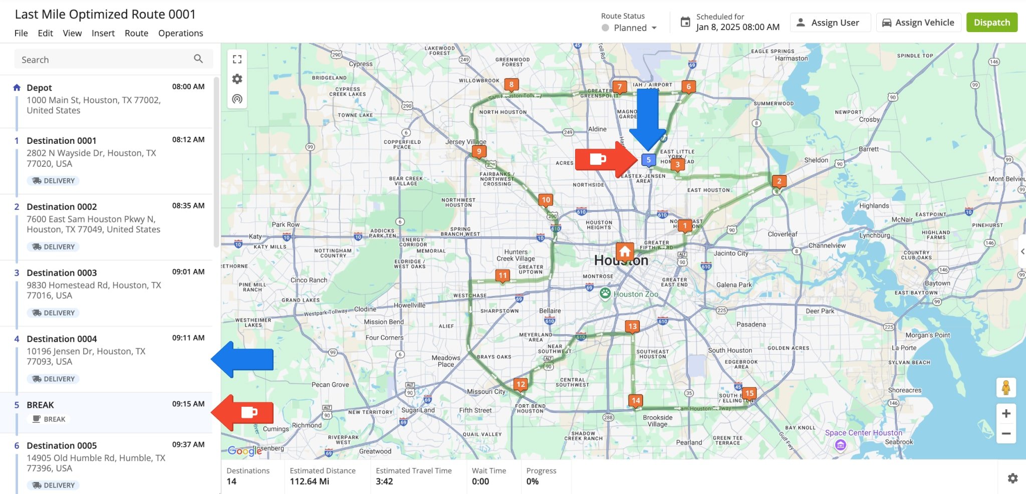 Route4Me automatically inserts a Driver Break into the planned route based on the specified settings, with each break added as an additional destination and sharing the same address as the destination before or after which it is inserted, depending on the break type.