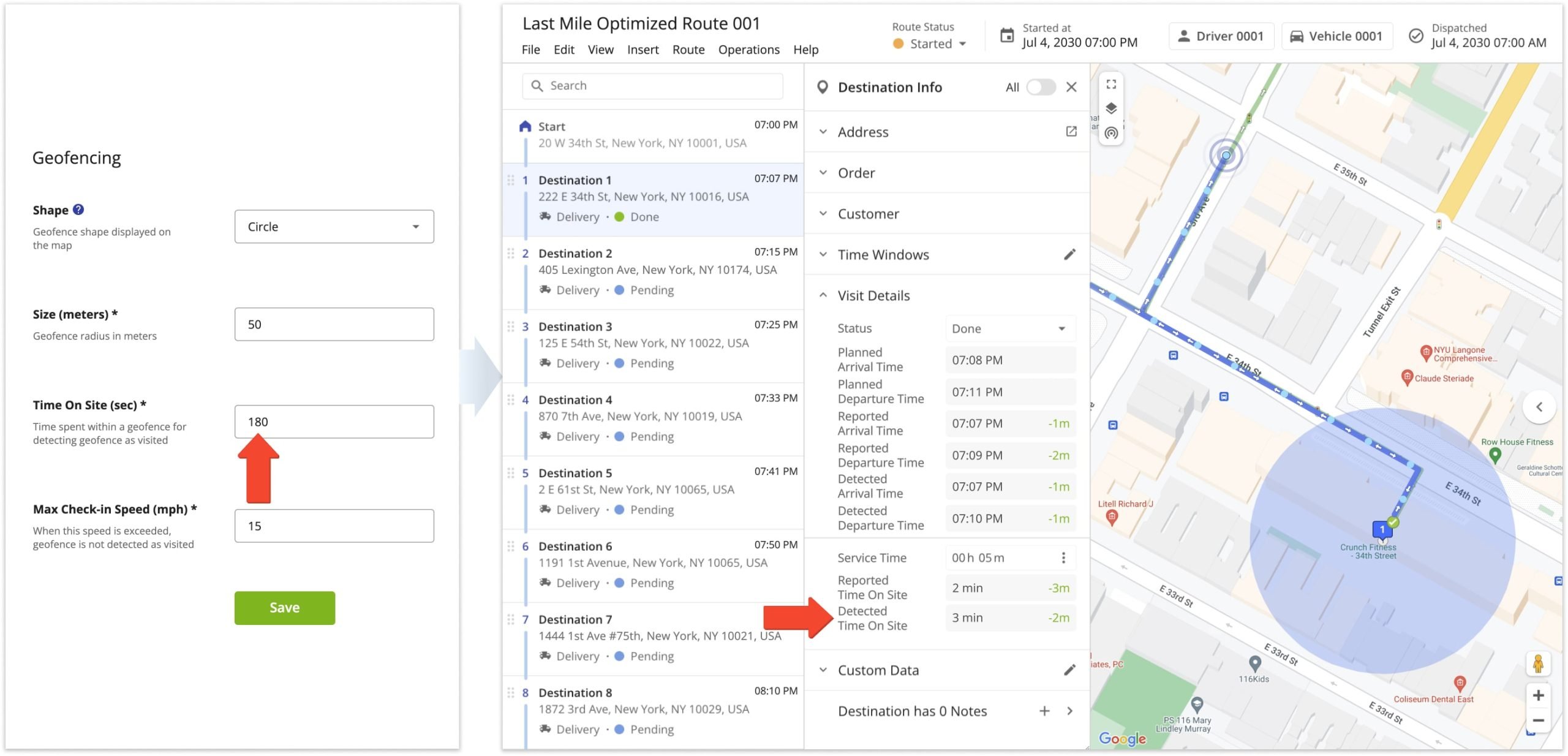Depending on the specifics of your routing operations and customer destinations, you may need smaller or larger geofences.