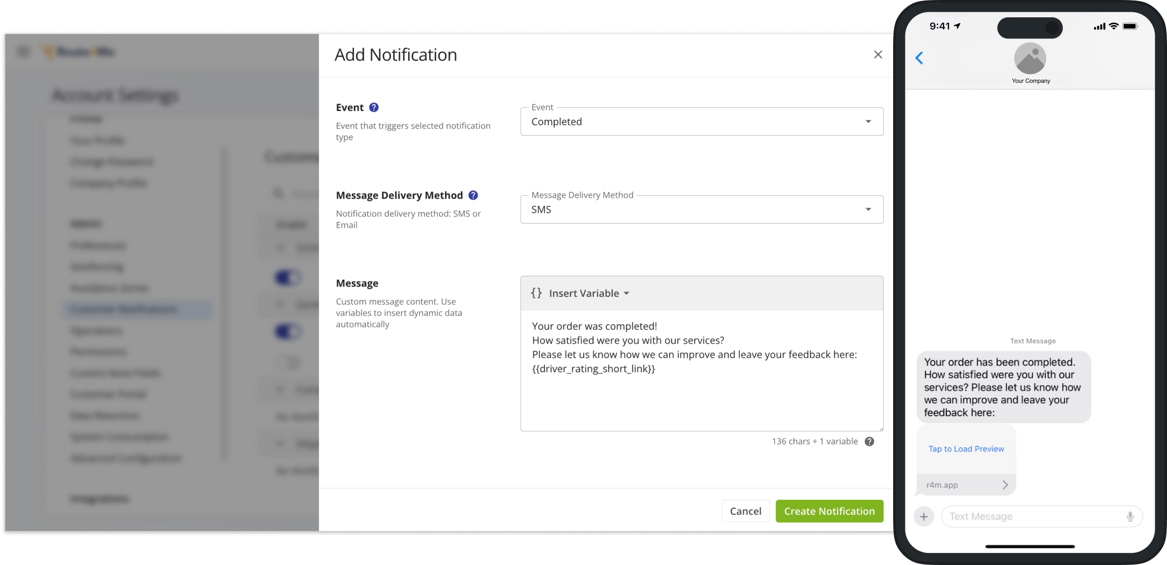 Send driver rating or customer survey page URL in action-triggered SMS notifications.