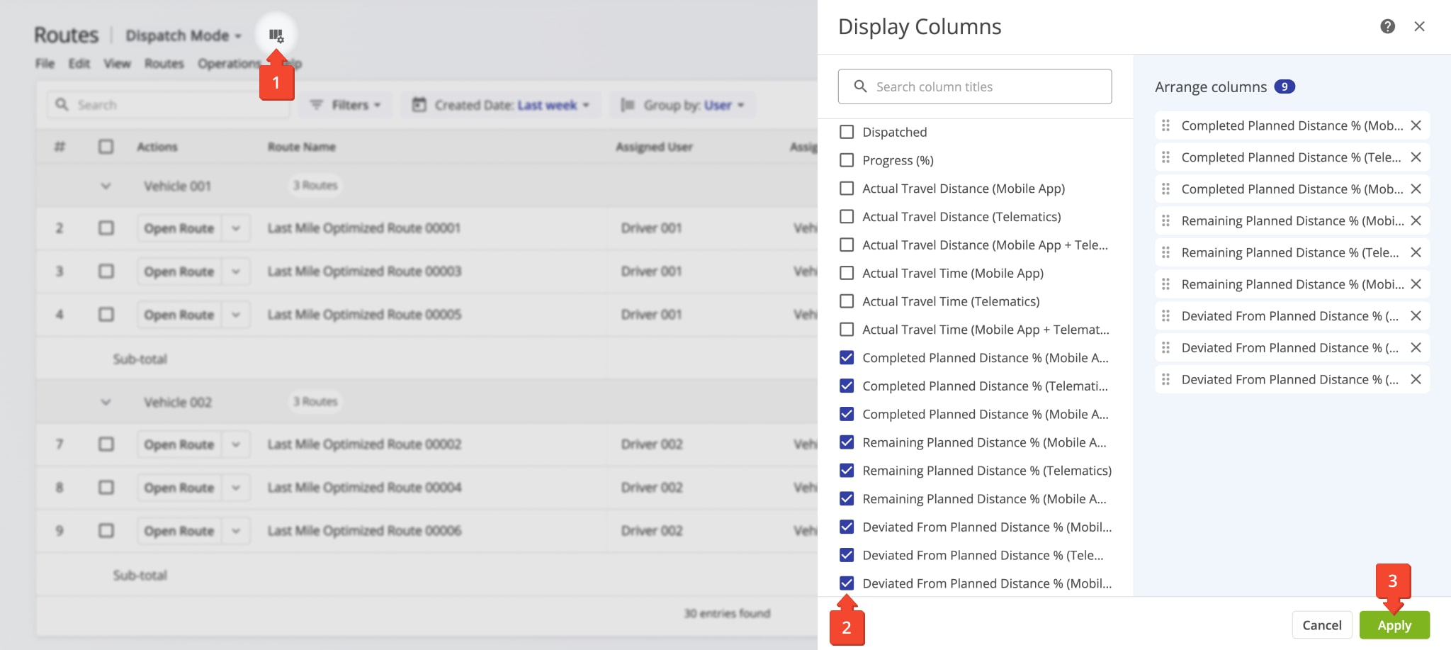 In addition to viewing route compliance and deviations data on the Route Editor map, you can enable compliance analytics in your Routes List and export compliance and deviation data.