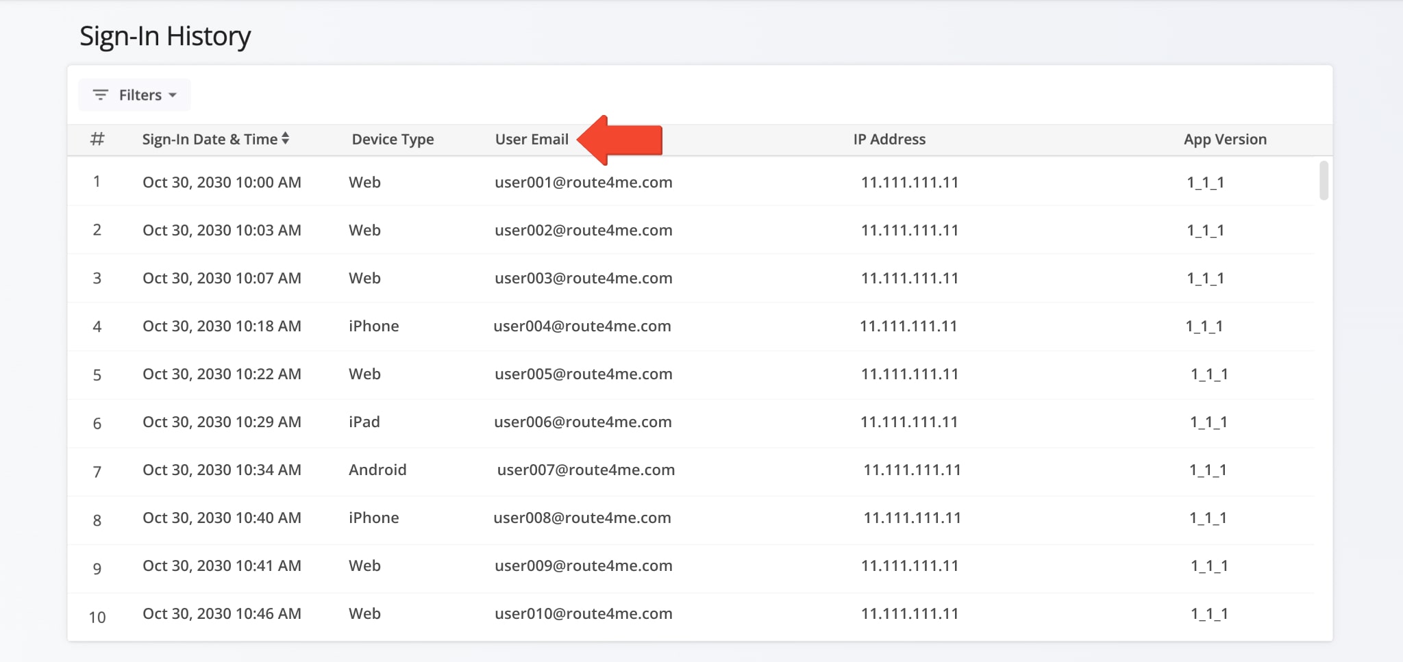 Your account SIgn-In History page displays email addresses used by the Account Owner and sub users to log in so you can monitor authentication activity across your account.