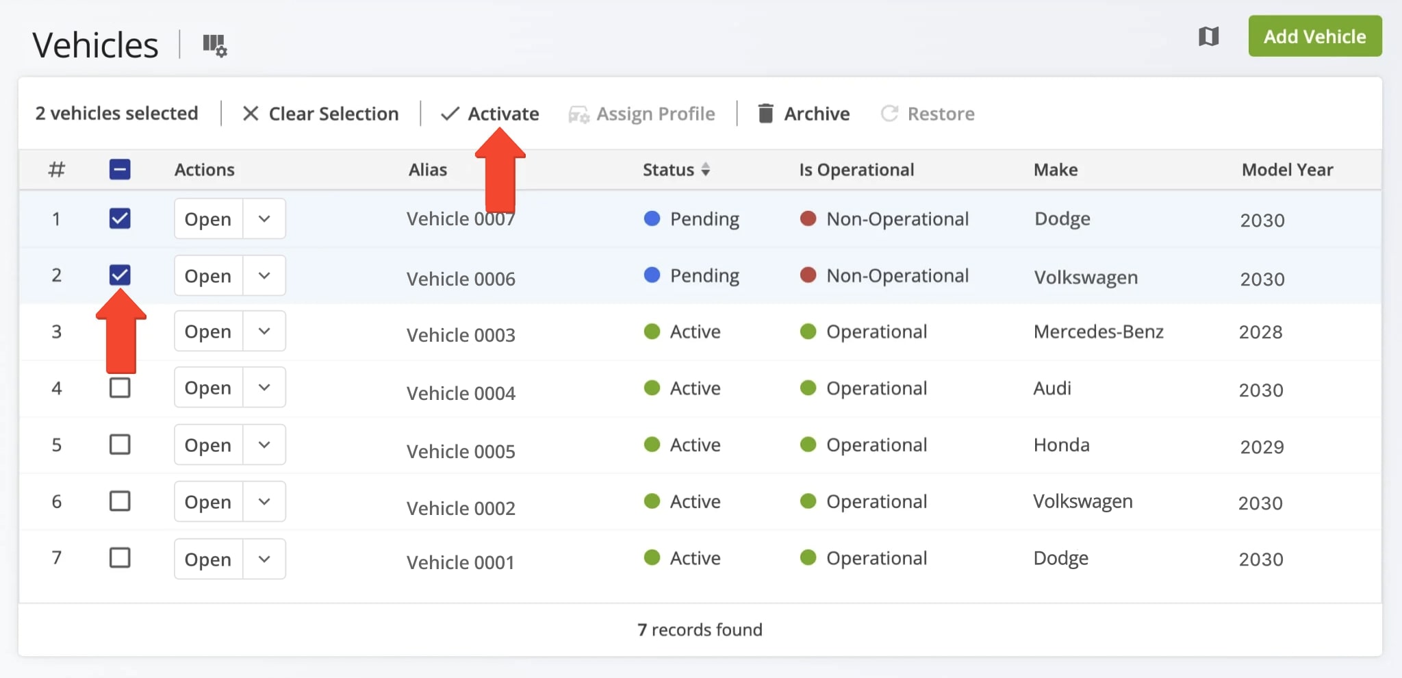 After establishing a telematics connection, your telematics vehicles and their data will be automatically imported to your vehicles list.