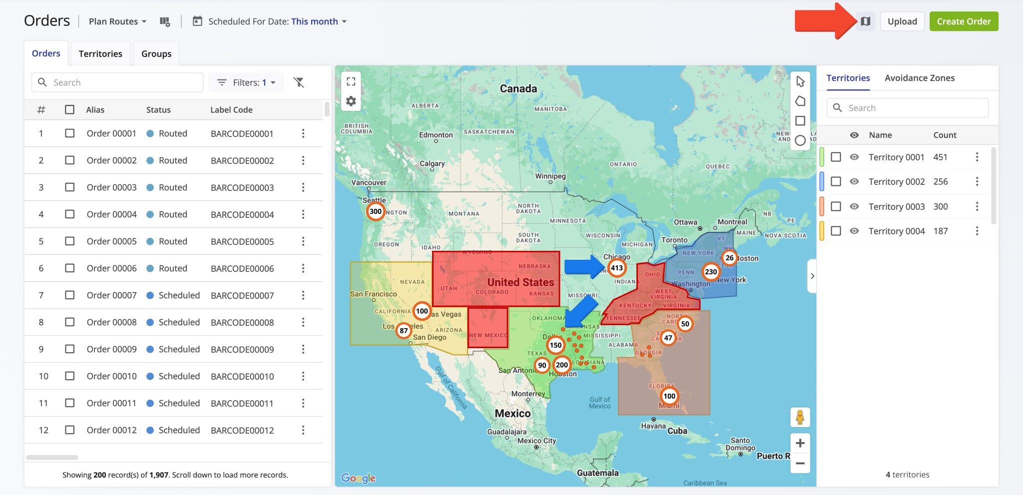 The Orders Map shows all orders and territories on your account on the map.