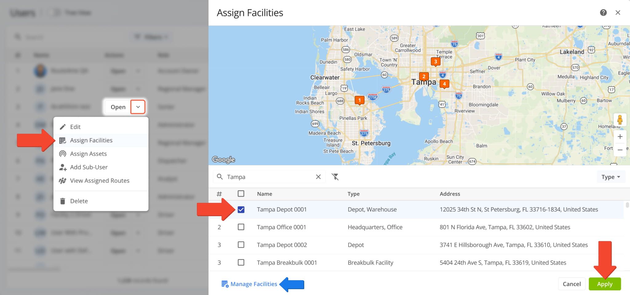 From the Users Page, you can assign team members to Facilities.