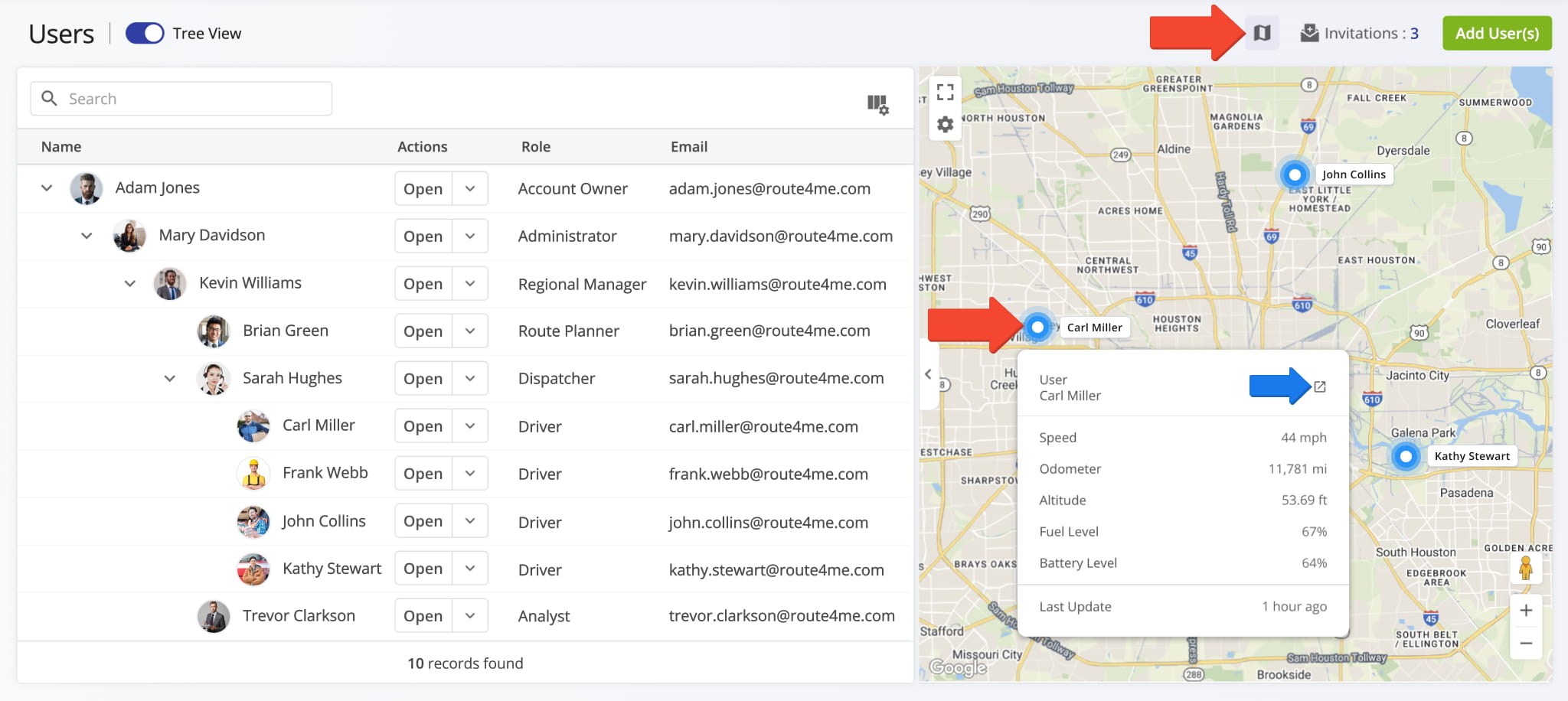 Hover over a User Icon to view an information panel with details related to the User.