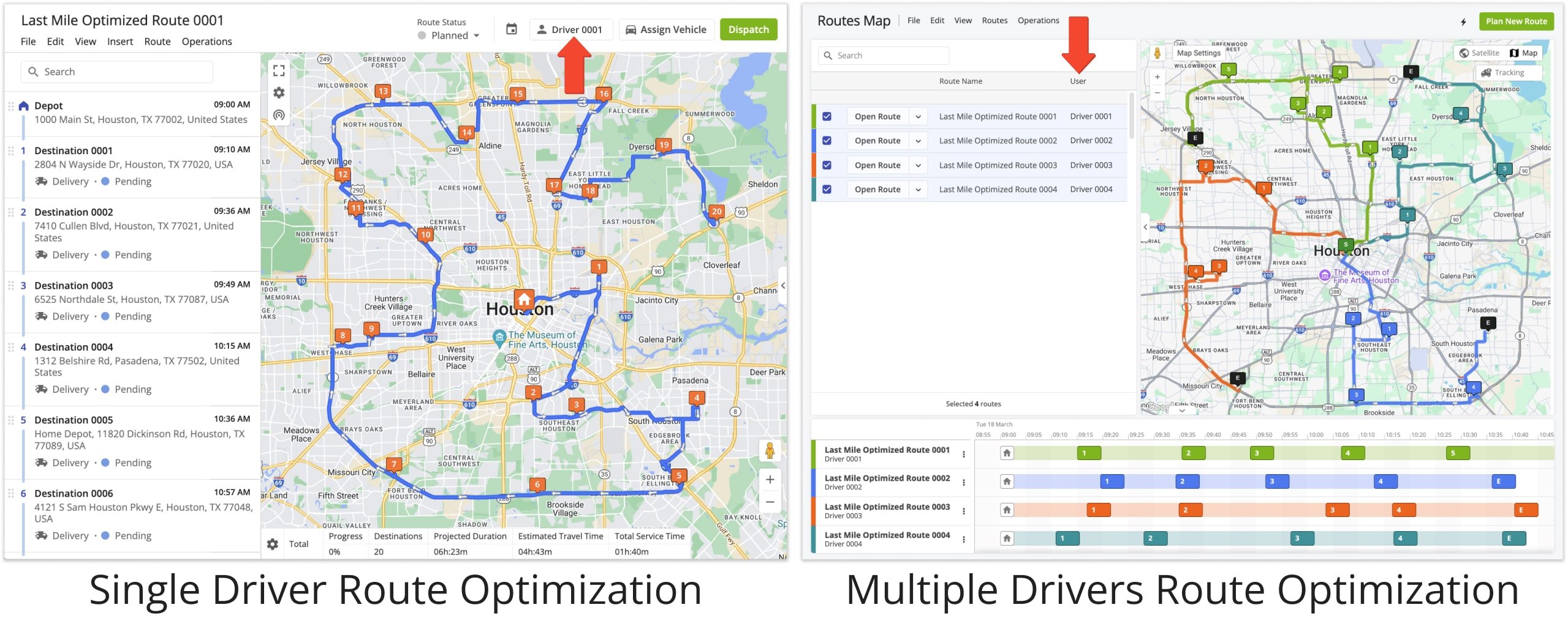 Compare single driver route optimization and multiple drivers route optimization with the same set of addresses and same depot address.