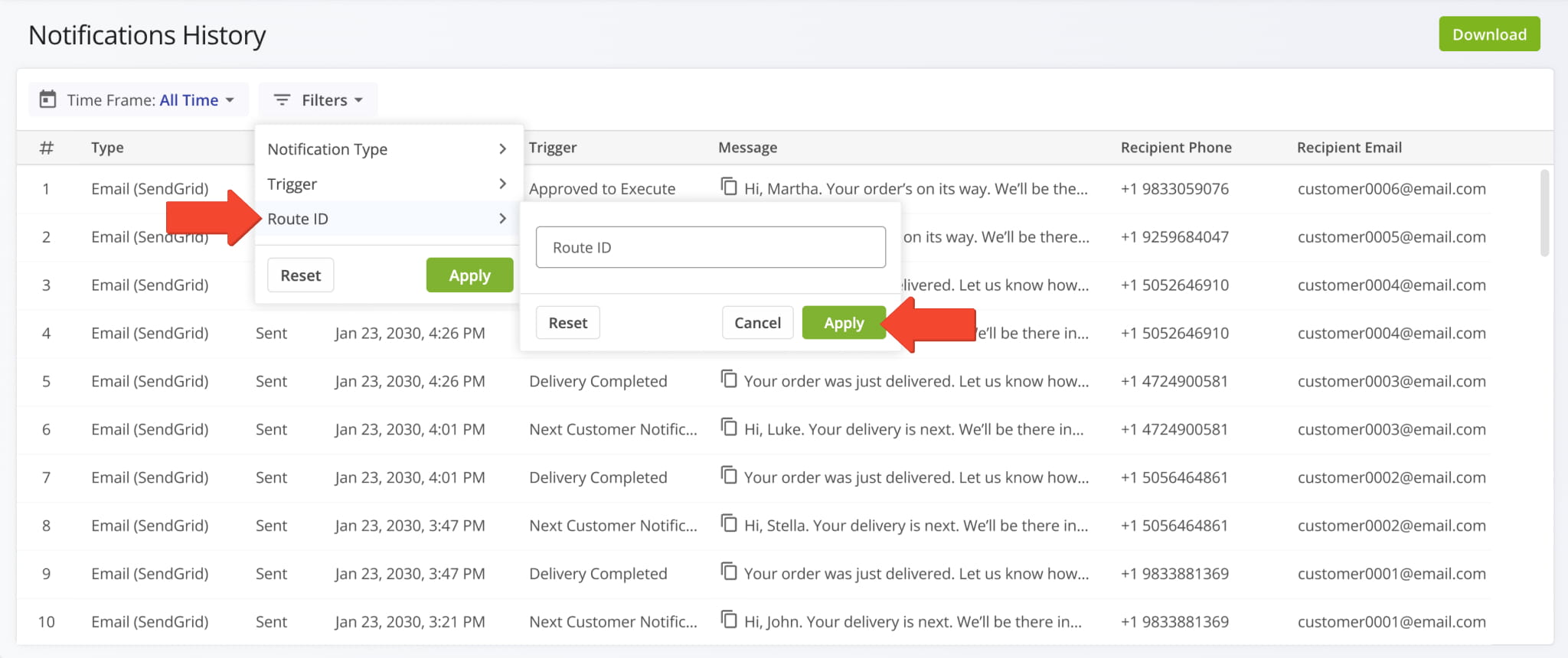 Filter customer notifications by Route ID to view those from a specific route.