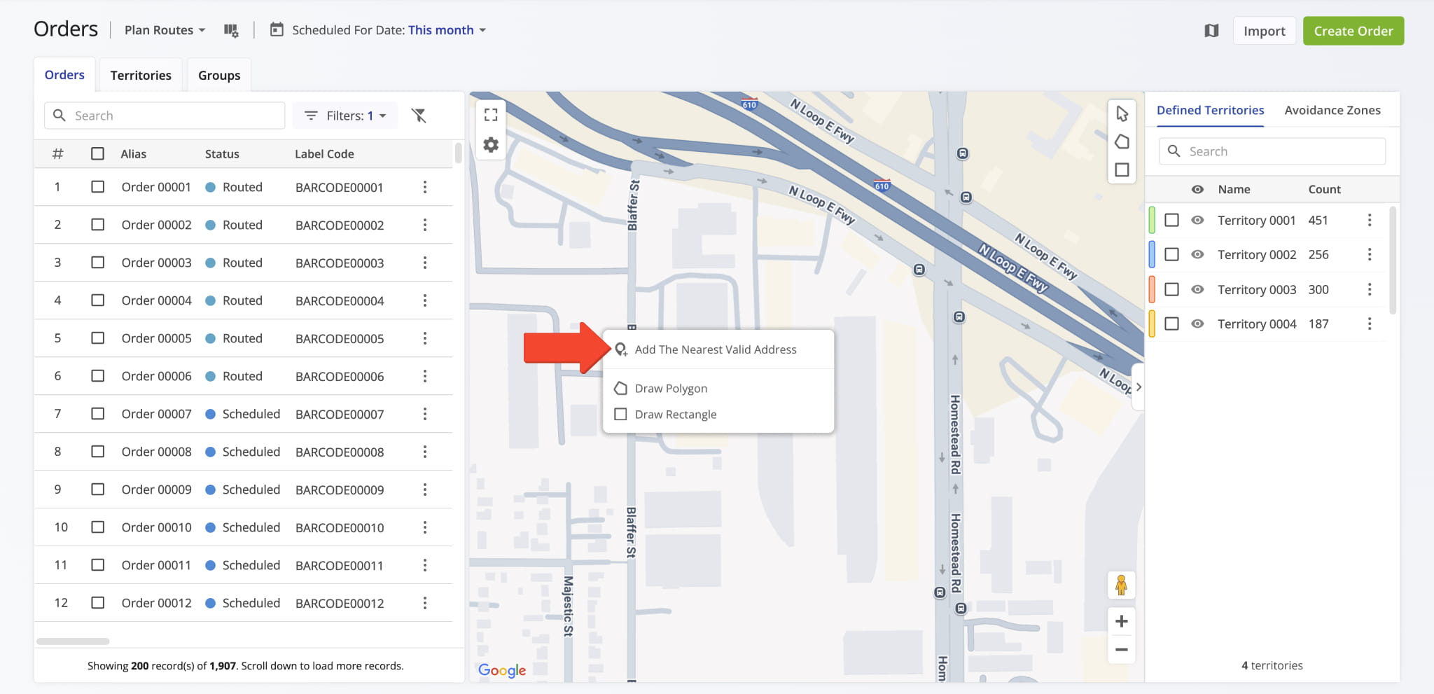 Right click the map to add the nearest valid address.