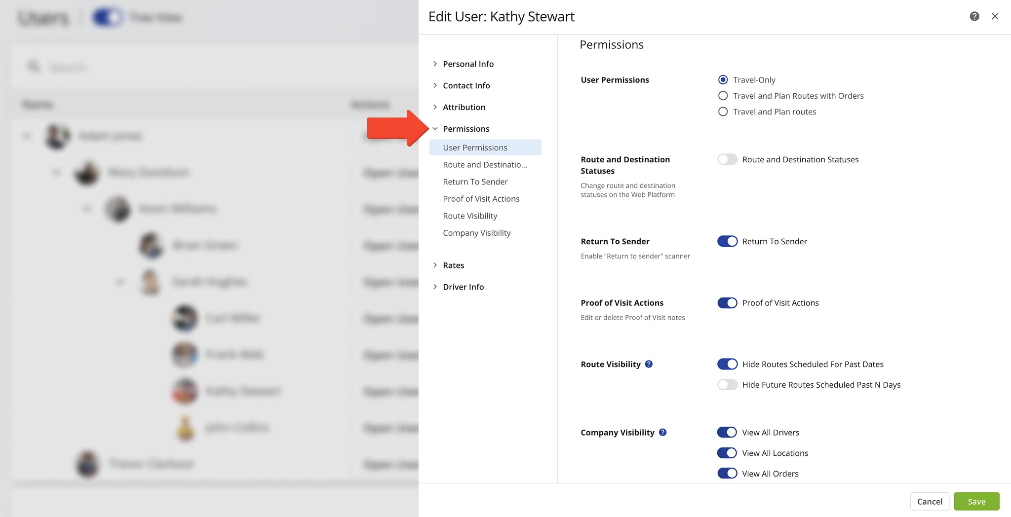 Adjust user permissions settings for drivers, route planners, dispatchers, and other team members.