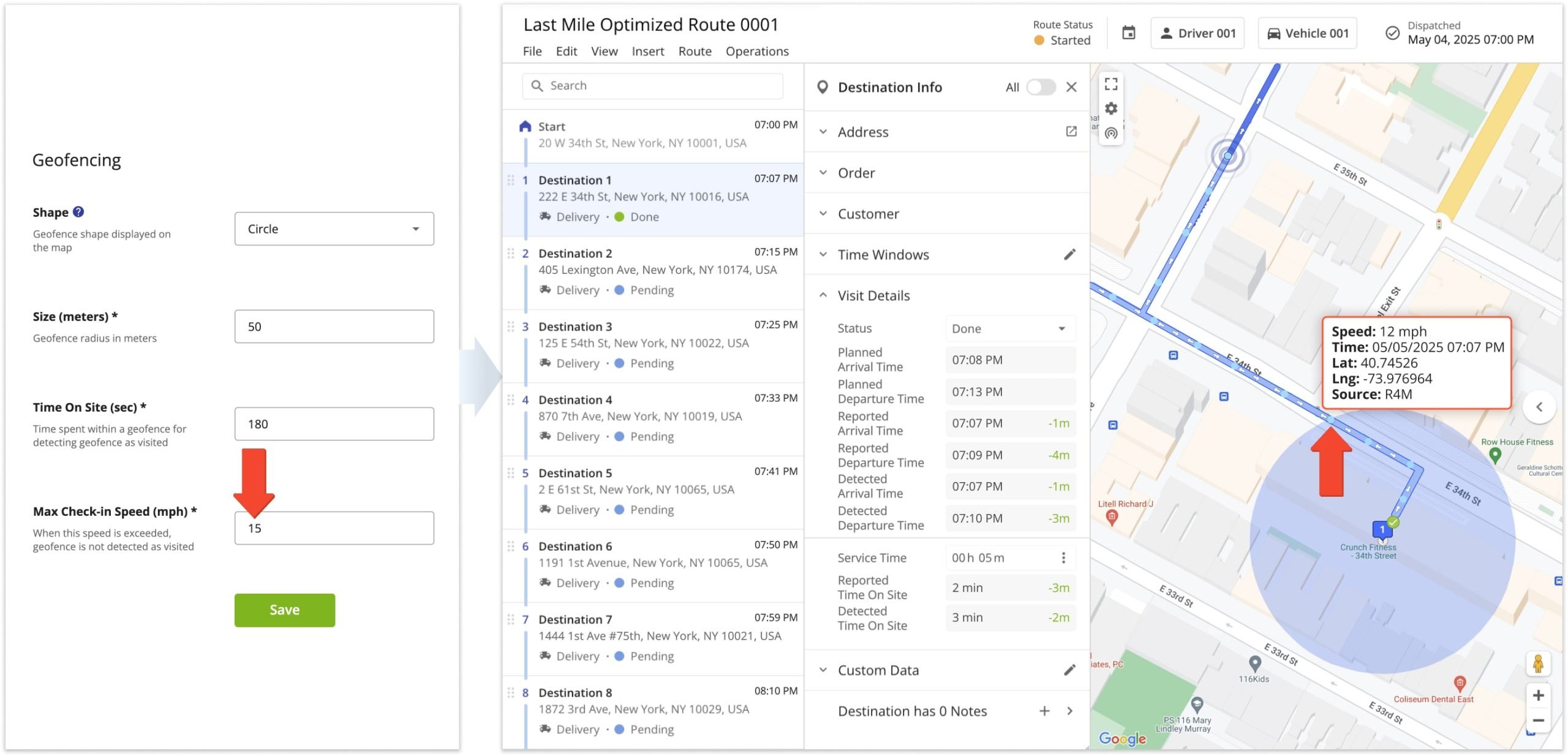 As an additional method of ensuring drivers are visiting your destination, you can set a 'Maximum Check-in Speed' for a destination to be detected as Visited.