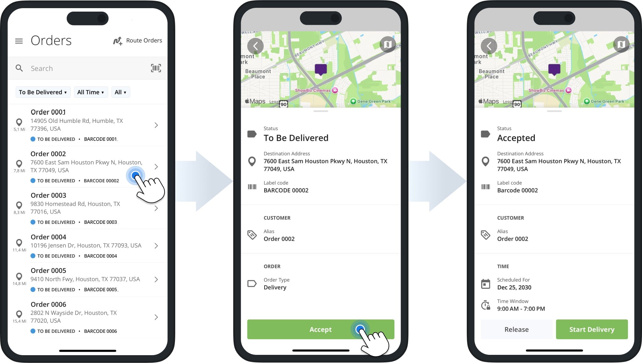 To accept assigned orders, sign in to the Android Route Planner or iPhone Delivery App, tap an order in the list to view its details, confirm the information, and tap Accept.