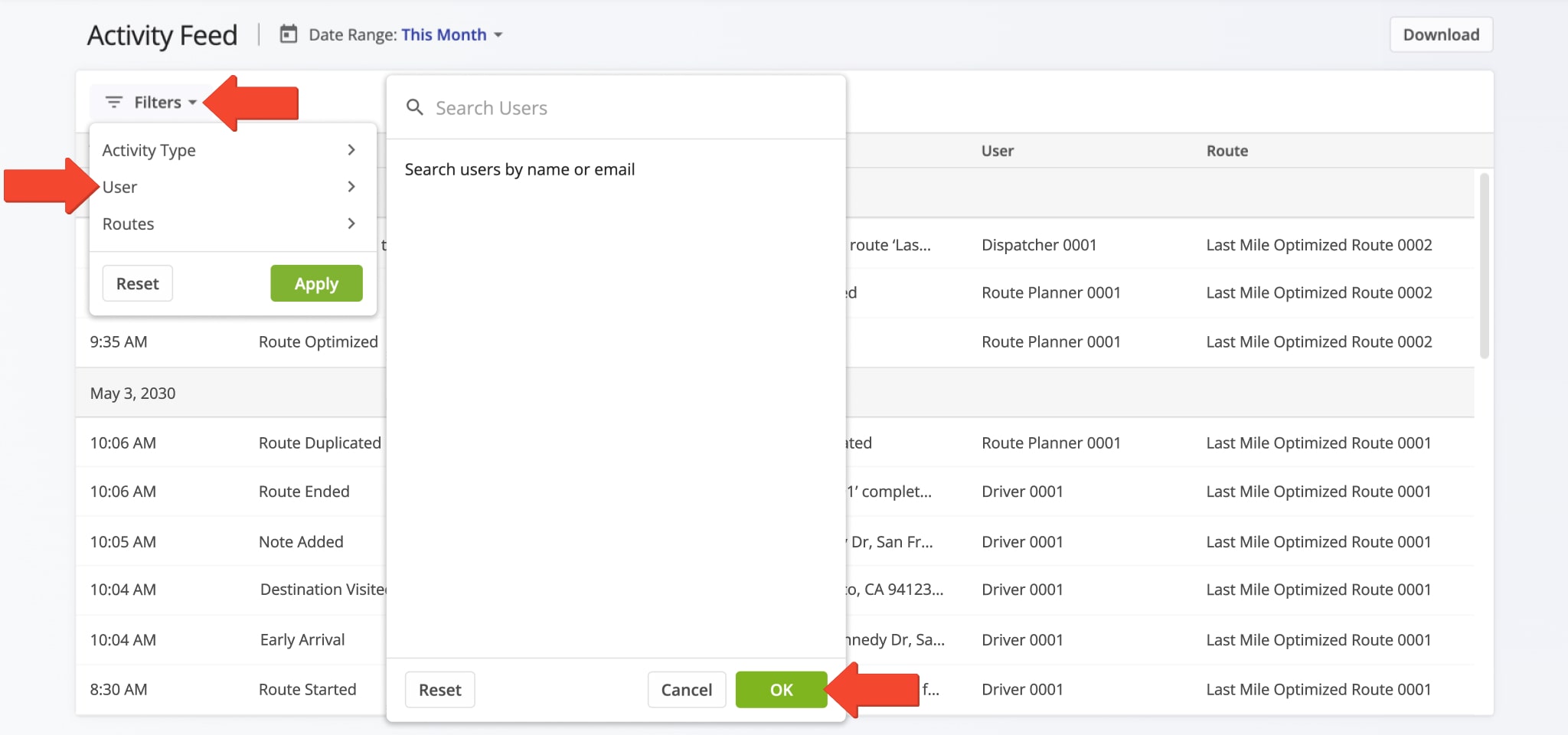 For more convenience and efficiency, you can filter all events in your Activity Feed. Specifically, you can filter activities by a particular team member, activity type, and date range.