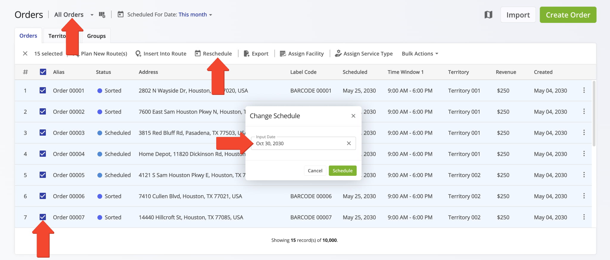 Schedule orders manually for individual or multiple orders instead of scanning to sort and schedule orders.