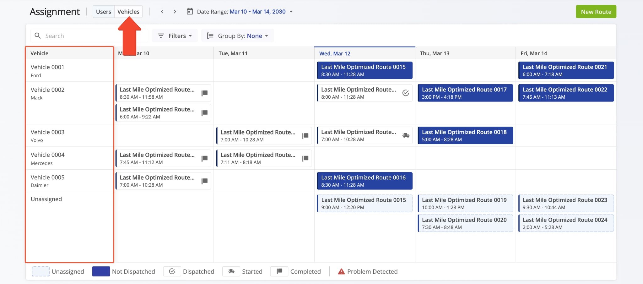 On the Assignment Dashboard, click the 'Vehicles' button to display a list of vehicles and their assigned routes.