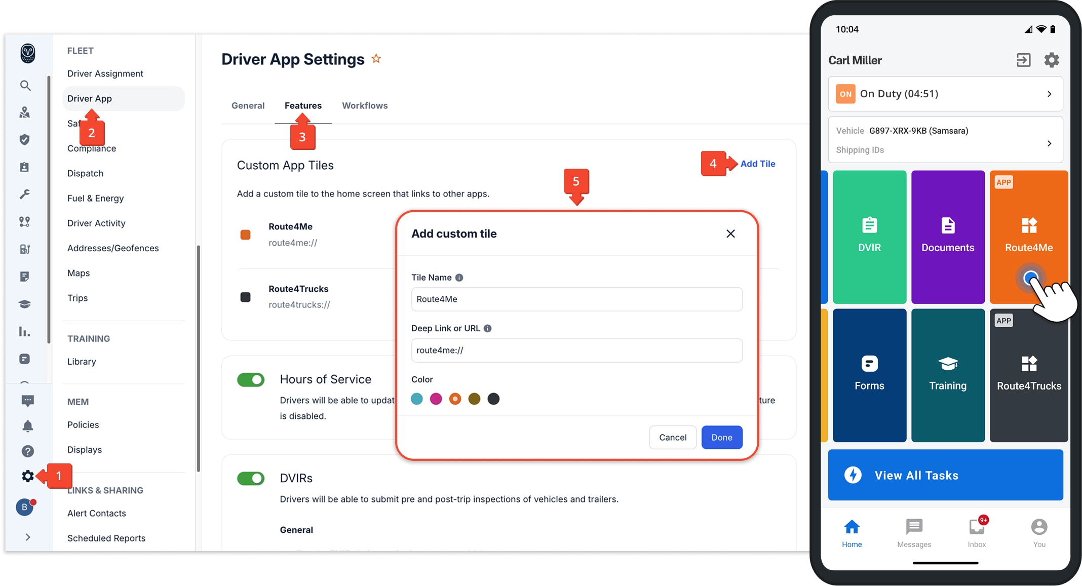 Route4Me's integration with Samsara extends to the Samsara driver app where you can add a quick link tile that opens the Route4Me Driver App.