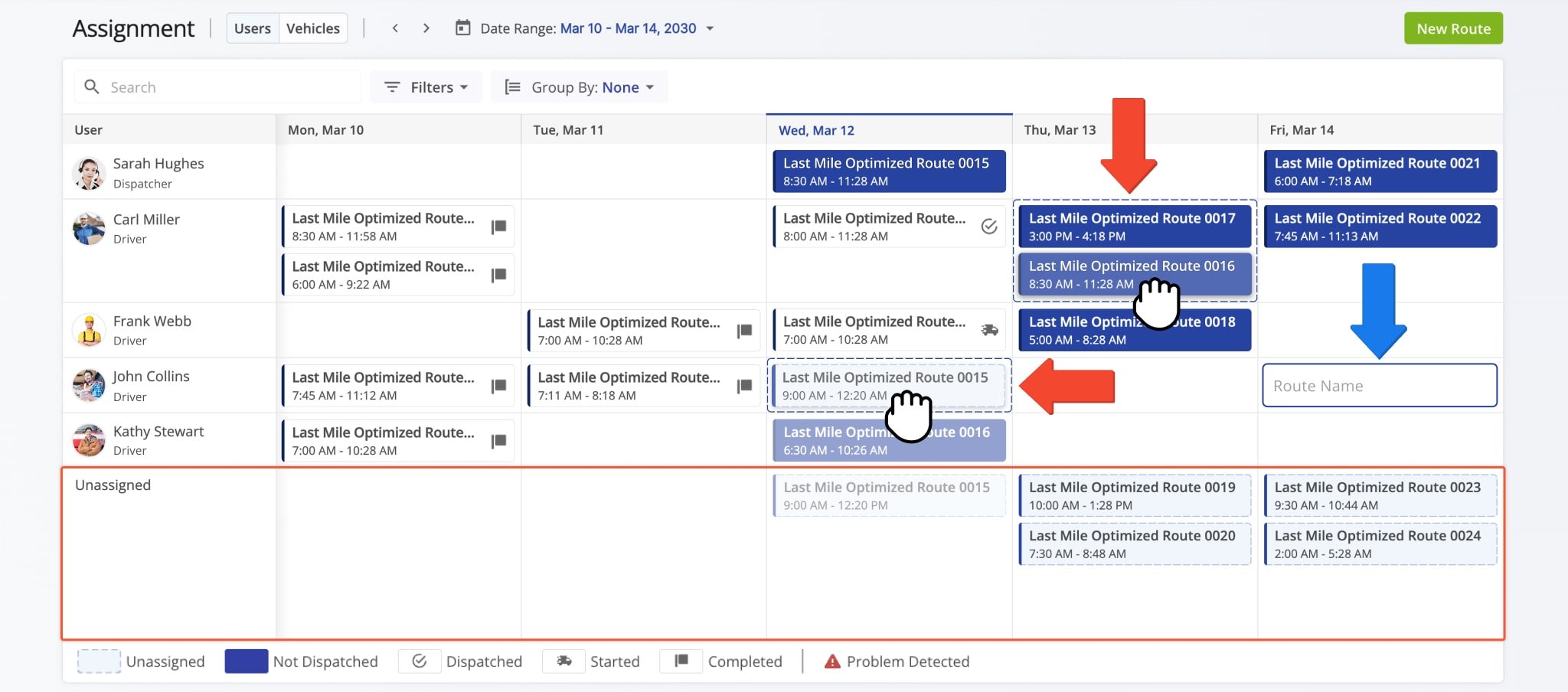 Unassigned routes can be dragged and dropped into a user's schedule for assignment.