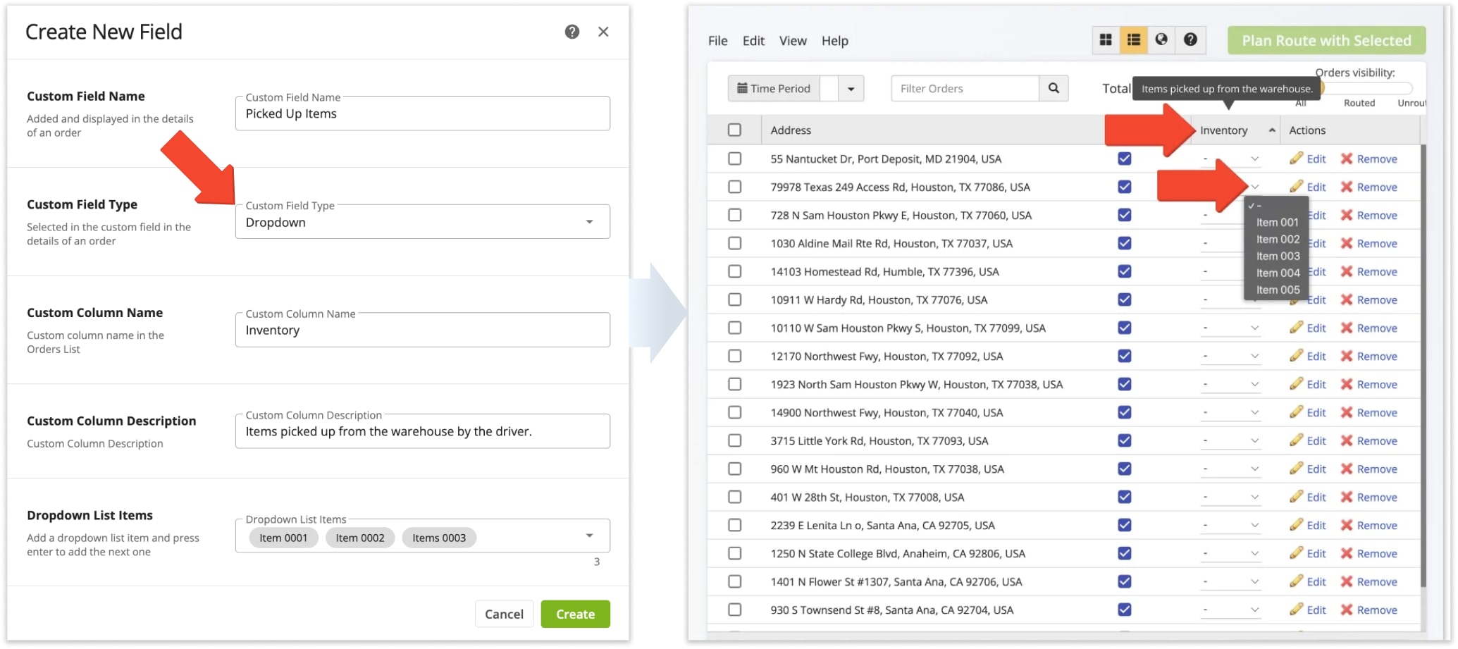 The Dropdown Custom Order Status allows you to select one status from a list of multiple for any order in your Orders List.