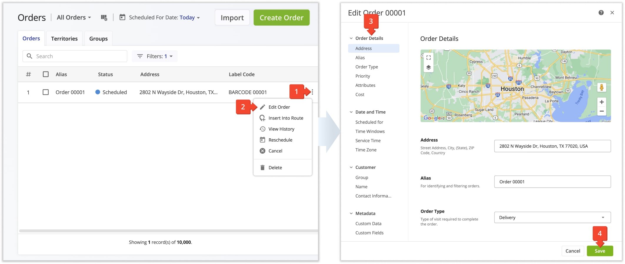Edit order details of existing orders by selecting 'Edit Order' from the menu.