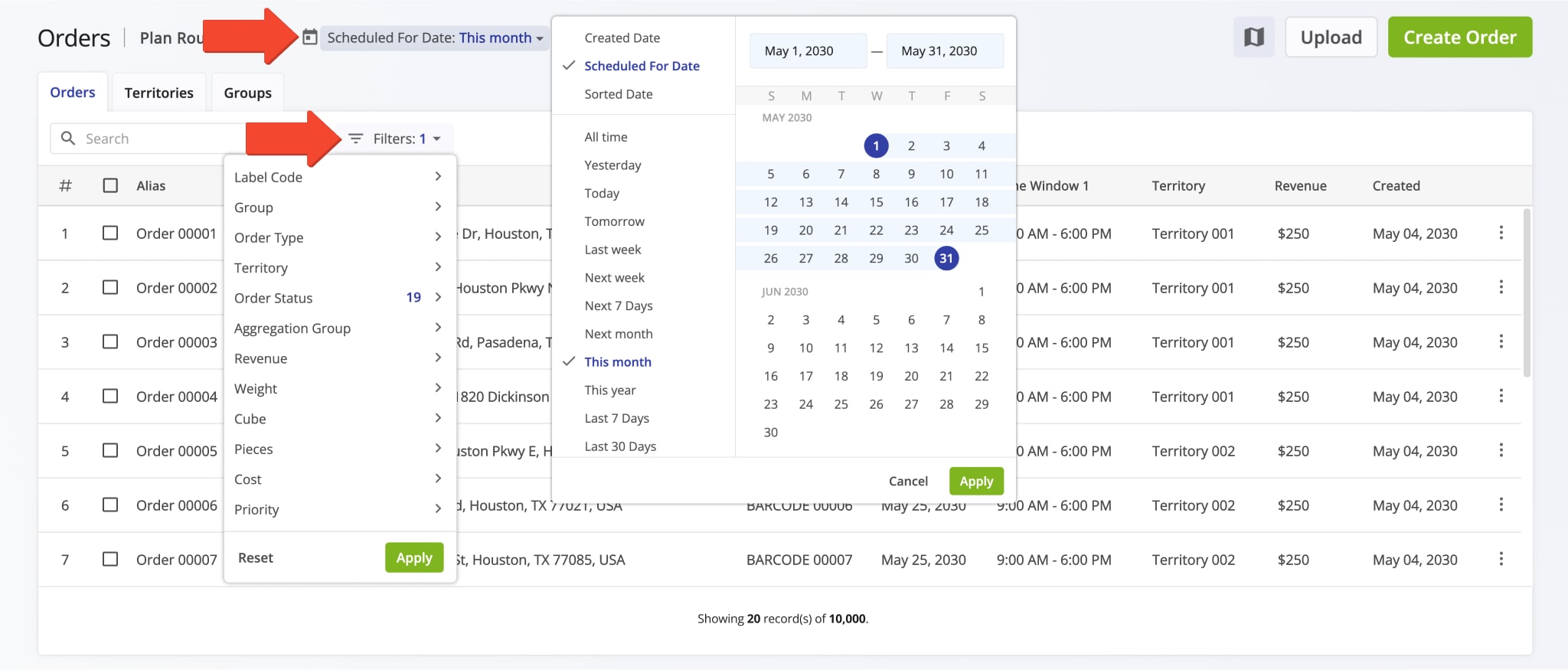 Filter orders by Scheduled For Date and any preferred custom filters so you can see only the most relevant orders for your route planning needs.