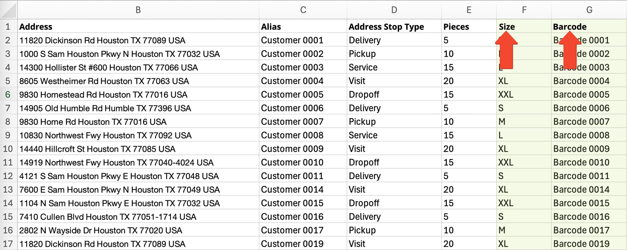 Format your spreadsheet with headers and matching data to include both reserved fields and Custom Data in Route4Me.