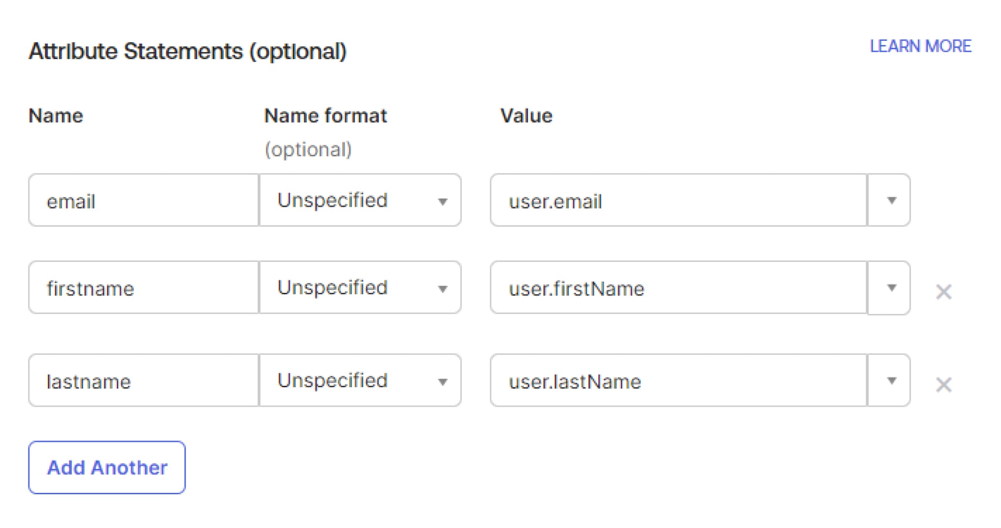 In the Attribute Statements section, enter the required SAML attributes such as a user's name and email.
