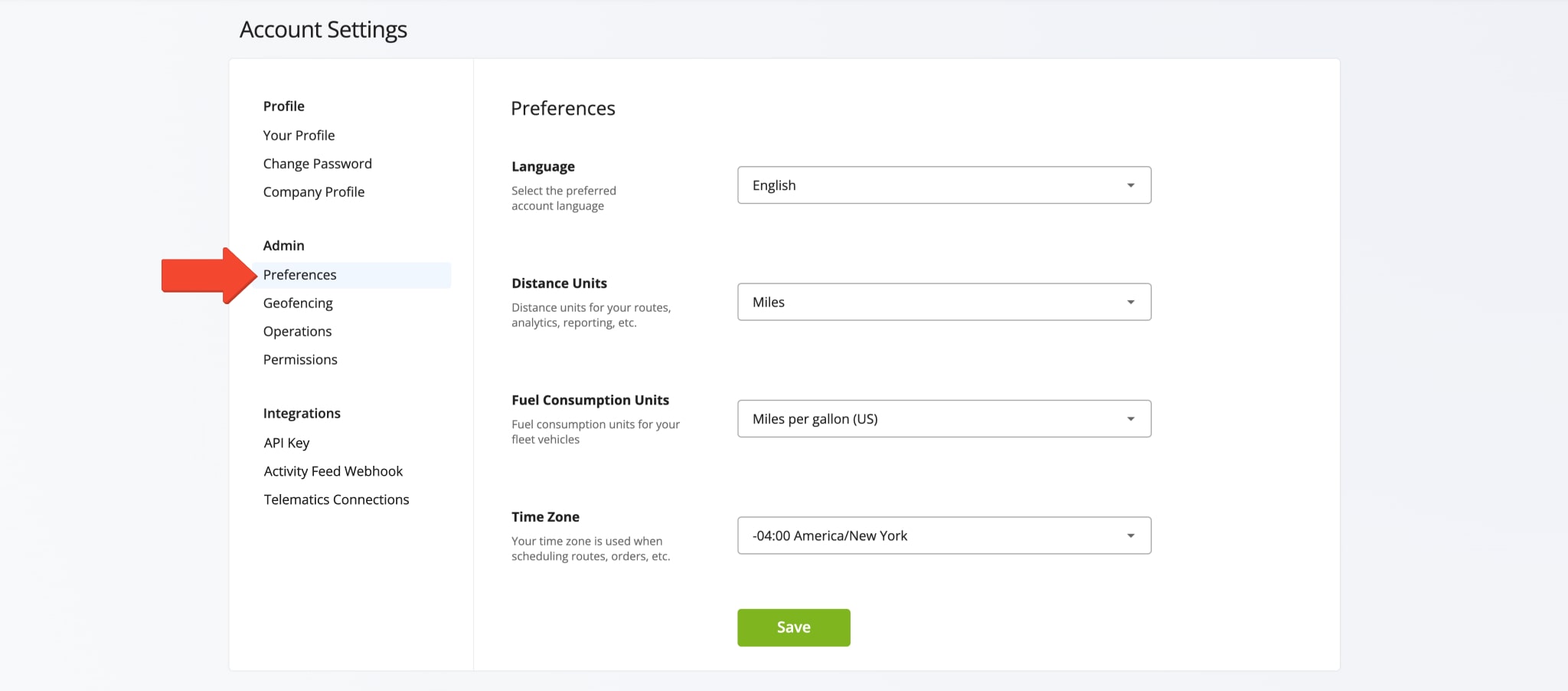 Route4Me account preferences for language, distance units, fuel consumption units, and account time zone.