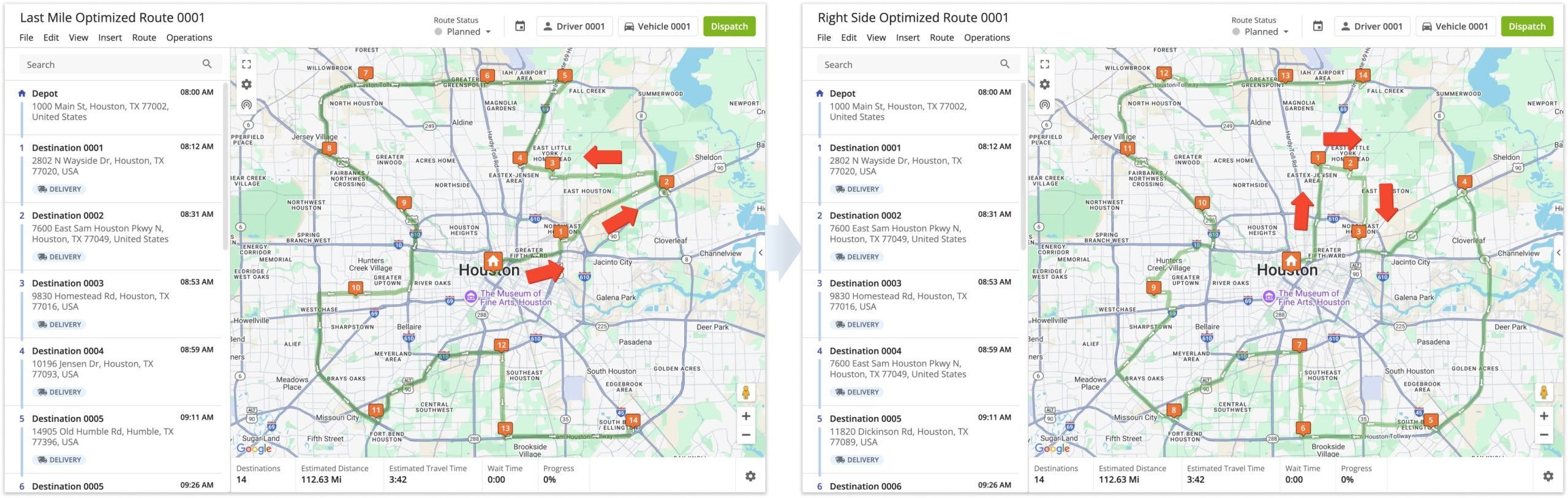 Last mile optimized route with Route4Me Right Side Routing and right-side destinations.