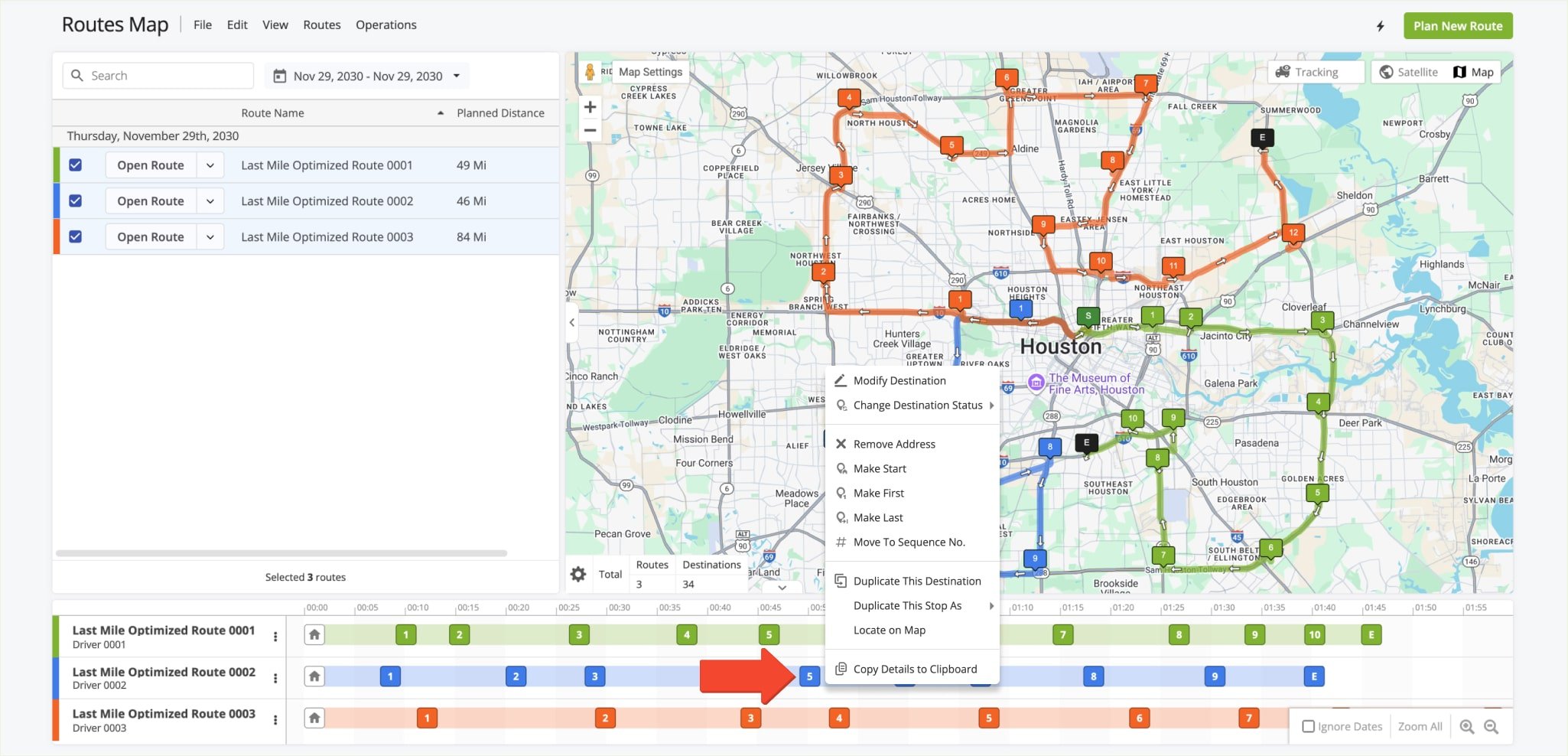 The Routes Map Time Line enables you to manage and move destinations within and between routes. To modify destinations, right-click the preferred destination on the Time Line or Interactive Map.