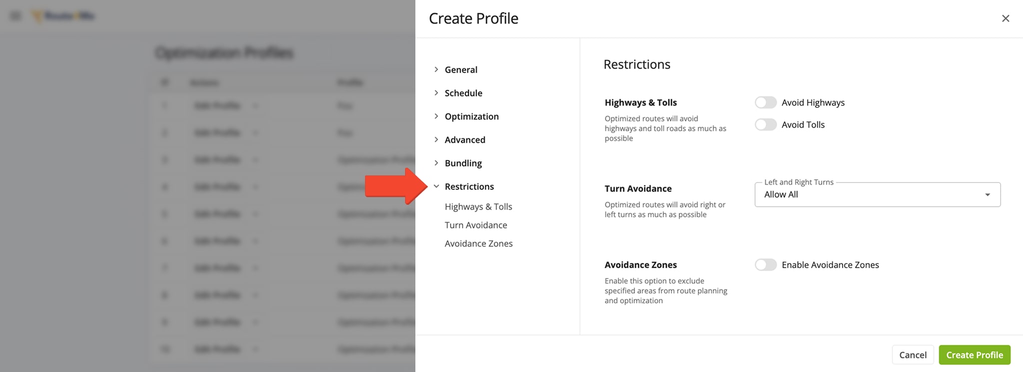 Add avoidance settings to your Optimization Profile to avoid highways or avoid toll roads when planning and optimizing routes.