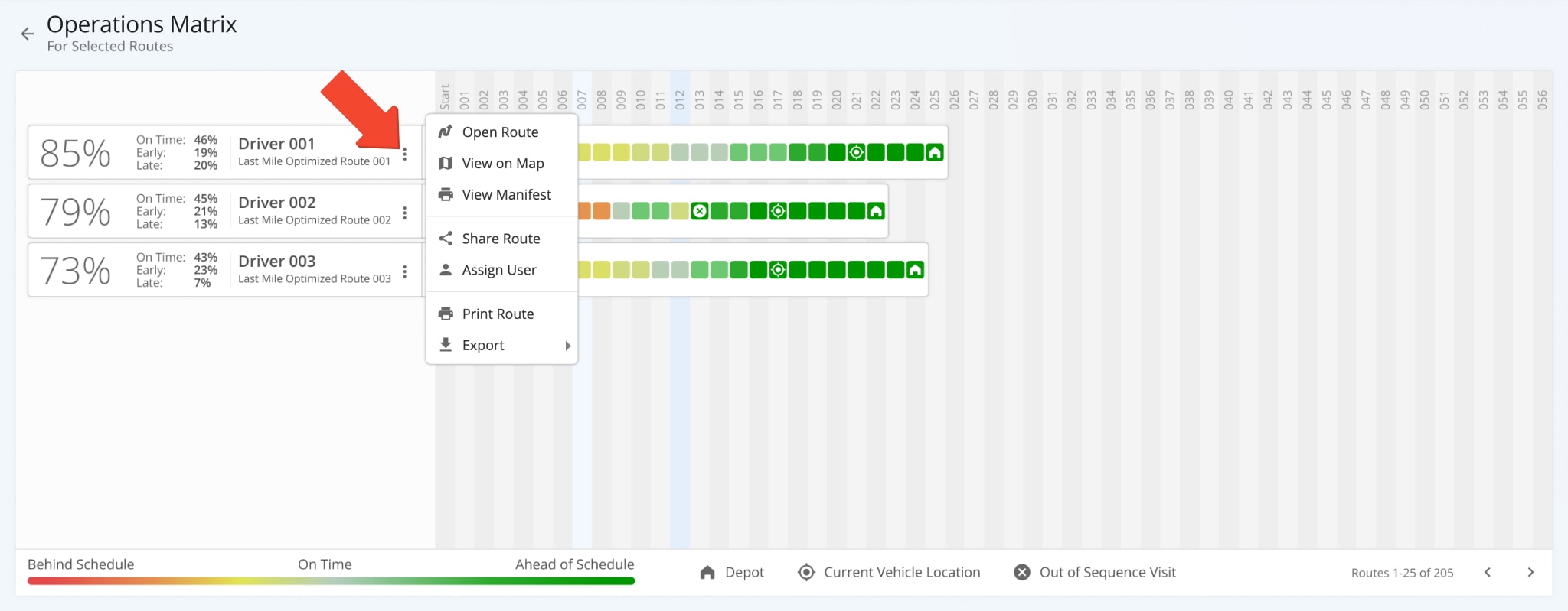 Access additional management, sharing, and export features on the Operation Matrix by clicking the Three-dot Icon on the preferred route.