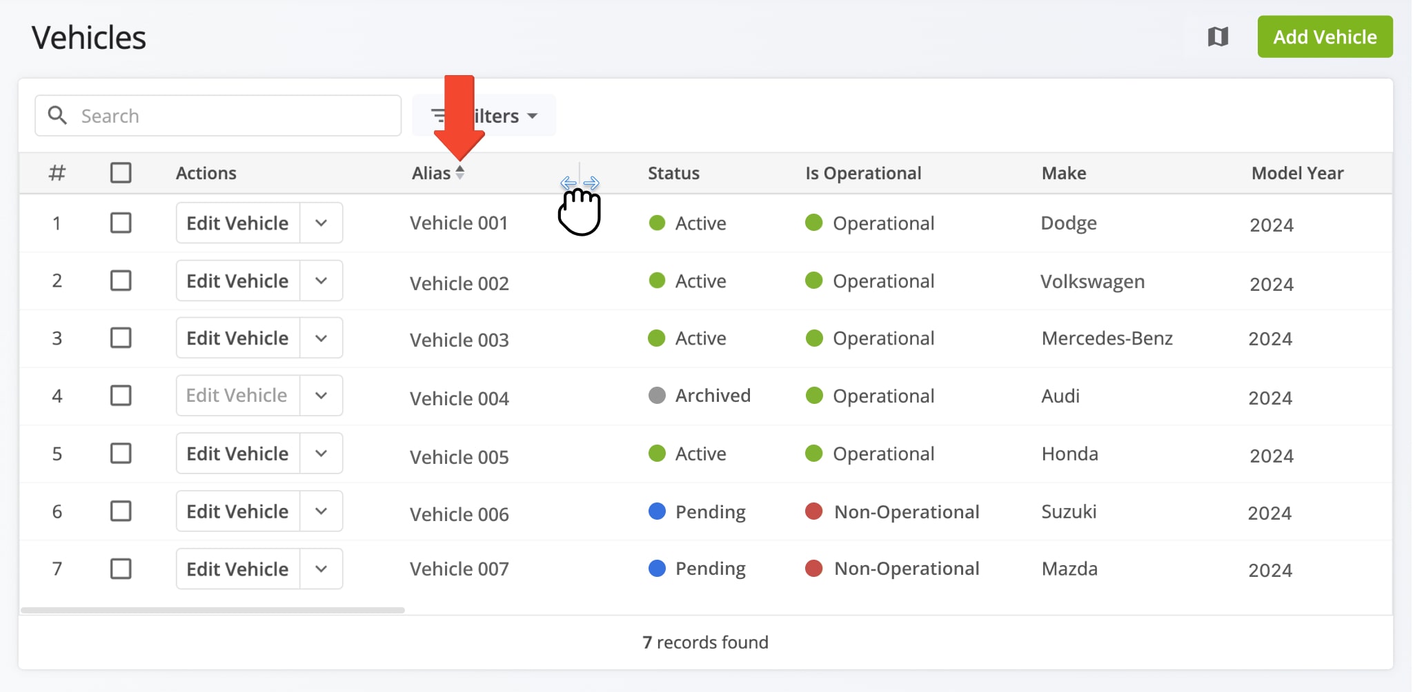 Adjust Vehicles List data columns.