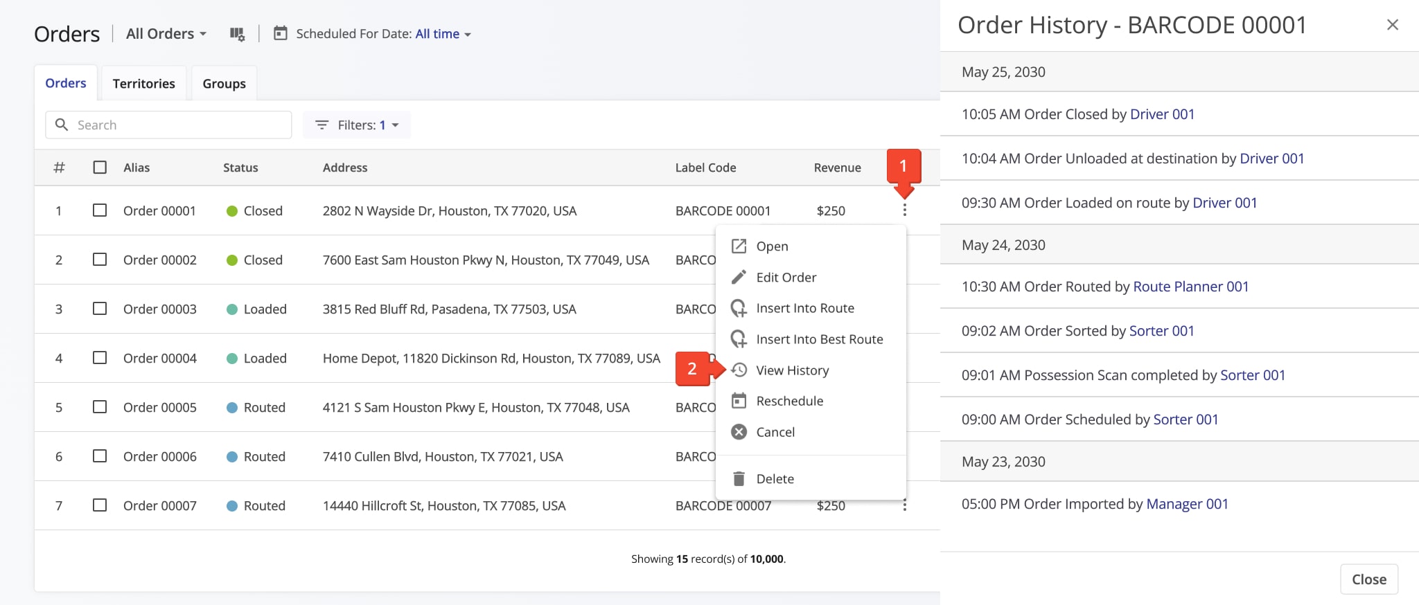 Order actions are grouped by date on the Order History panel and shown in chronological order. 