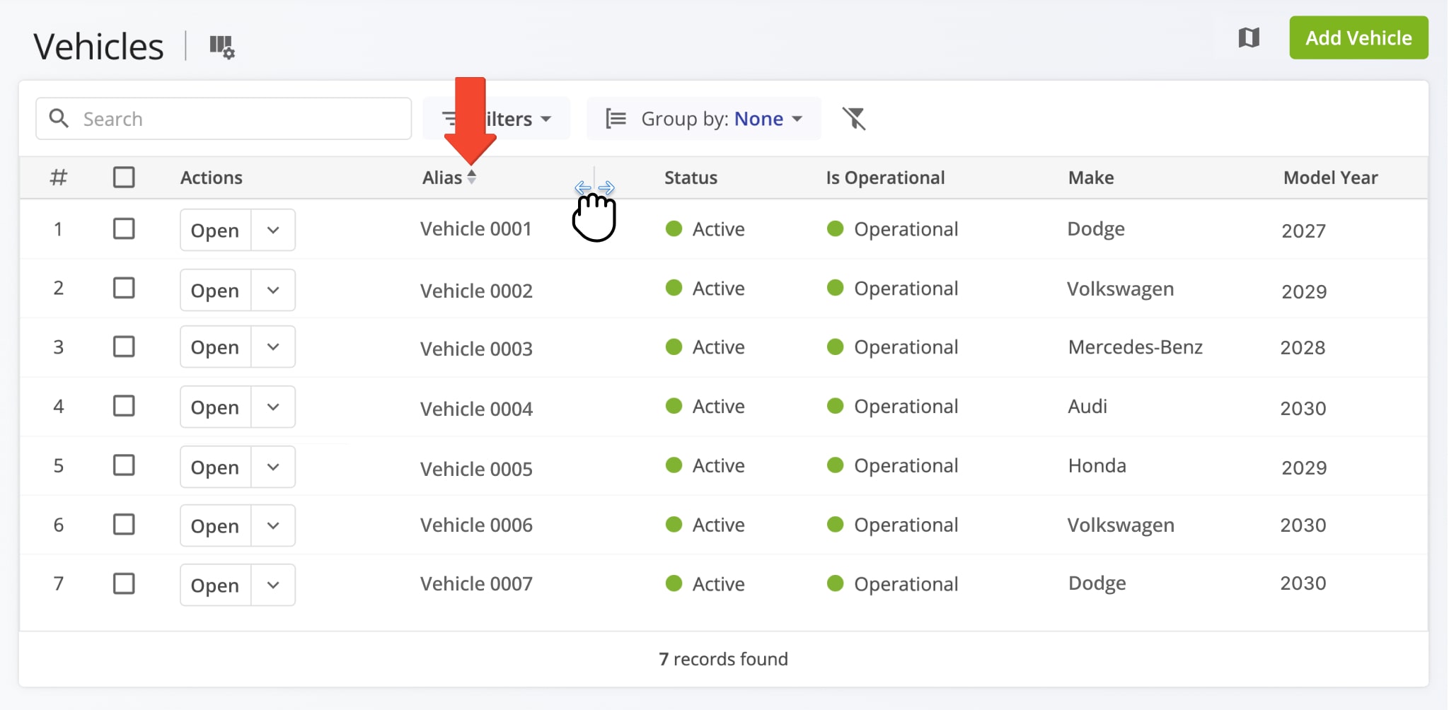 Adjust Vehicles List data columns.