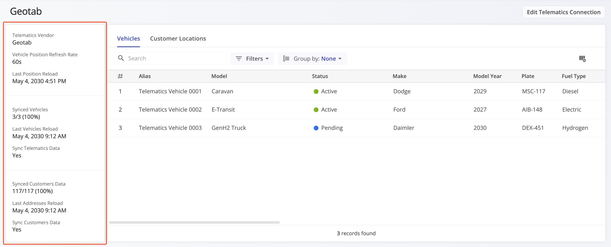 In the Telematics Connection Summary you can see the vendor name, vehicle position refresh rate, the percentage of synced vehicles and customer data, and timestamps for the last data synchronization.