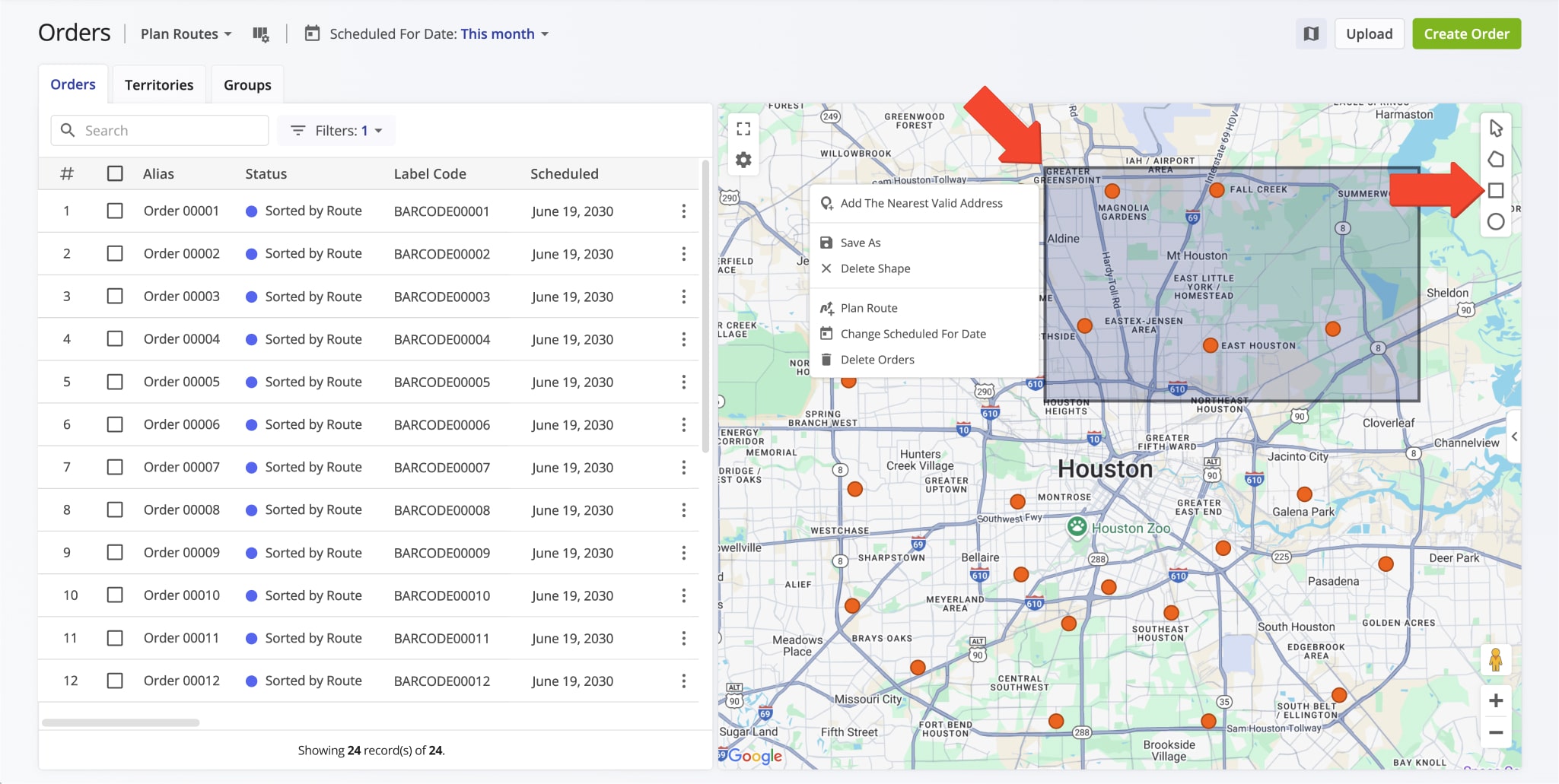 Bulk manage multiple orders on the Orders Map by drawing a shape and right-clicking it.