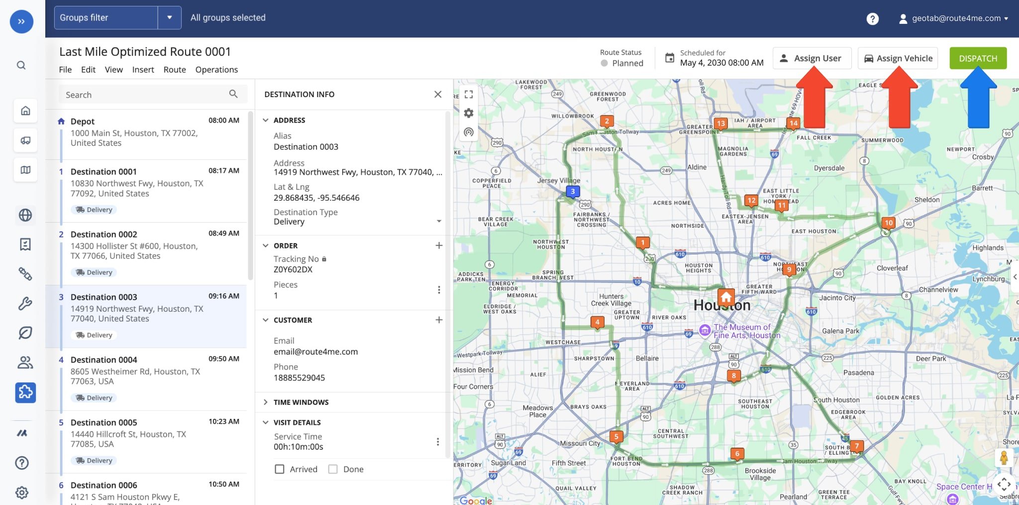 You can also easily dispatch routes directly from Geotab. After planning a route, Geotab's Route4Me Add-in automatically opens the Route Editor where you can see route and destination details, manage the route, and more.