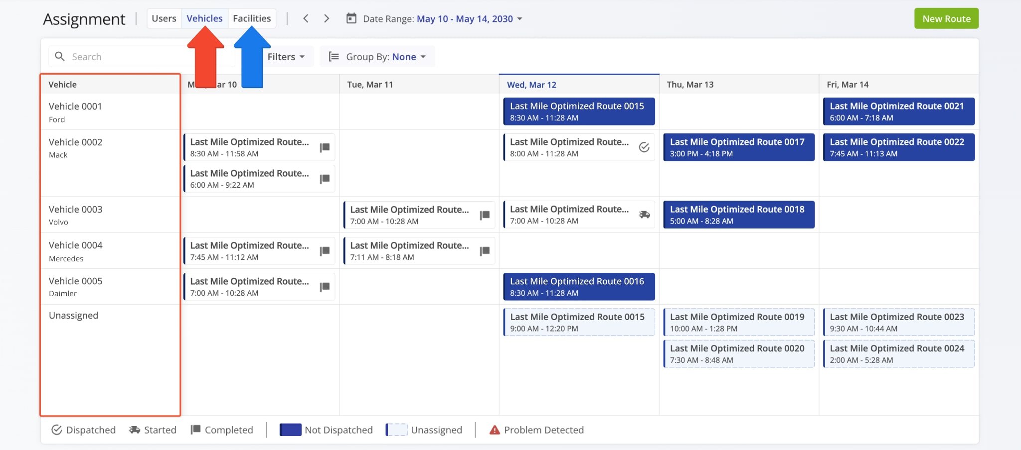 On the Assignment Dashboard, click the 'Vehicles' button to display a list of vehicles and their assigned routes.