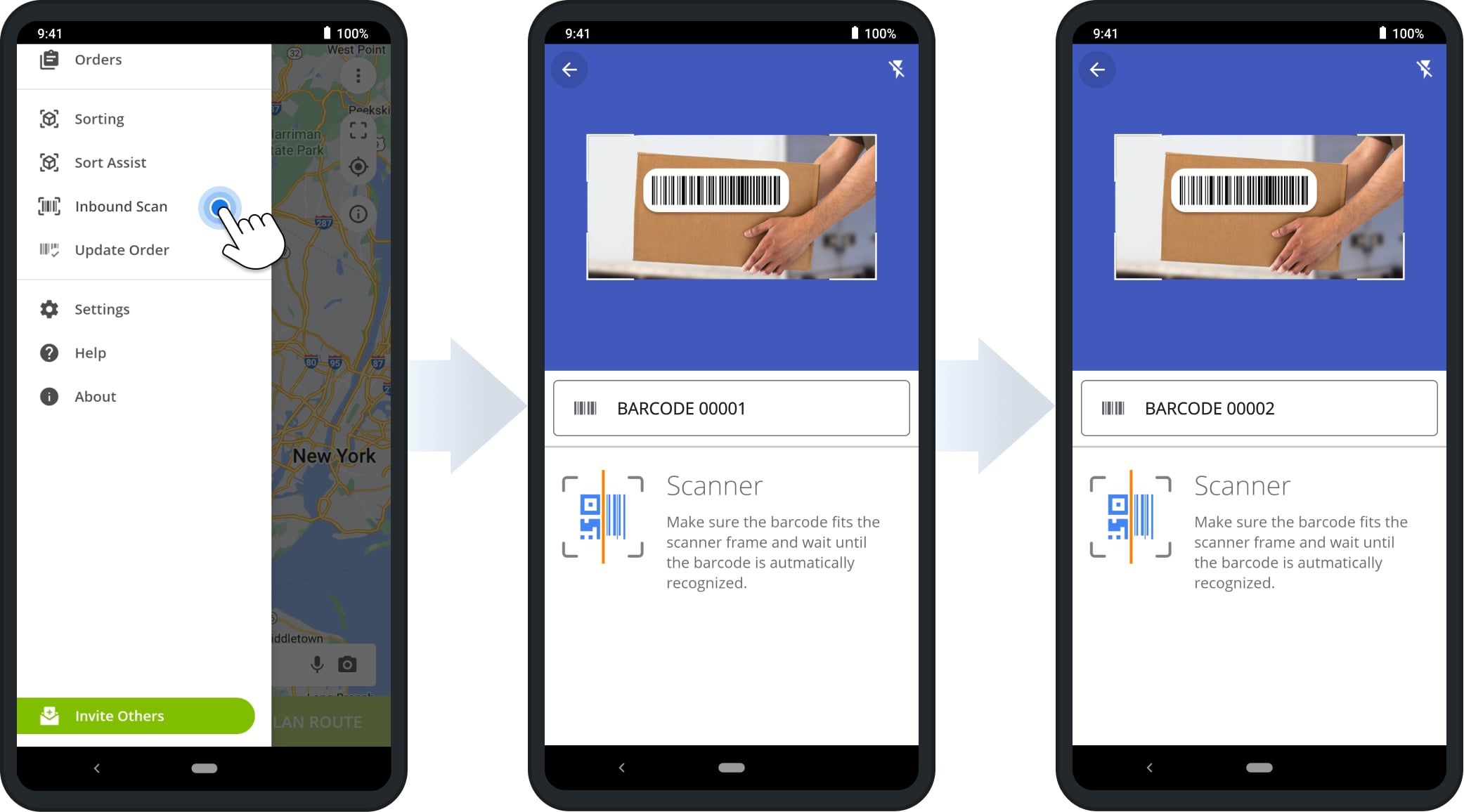 Using Route4Me's barcode scanner to scan the Inbound Scan barcode for confirming receiving orders shipment.