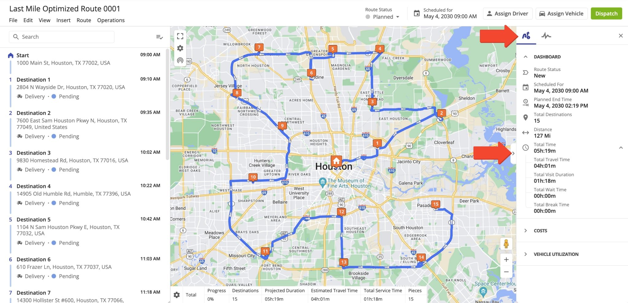 Route Editor Dashboard shows the route's totals, visited and failed stops, route distance and travel time, predicted finish time, vehicle utilization, and more.