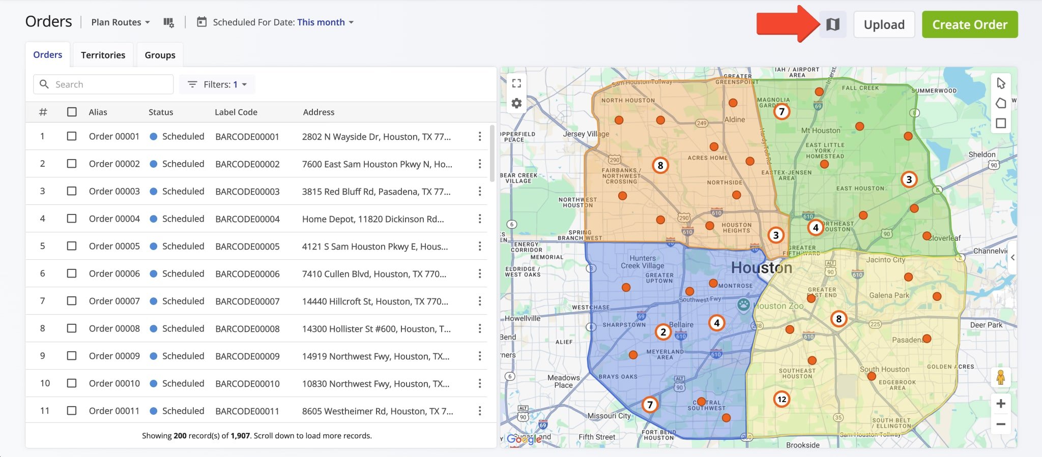 All orders added to your Route4Me account are automatically shown on the map according to your filters and preferences.