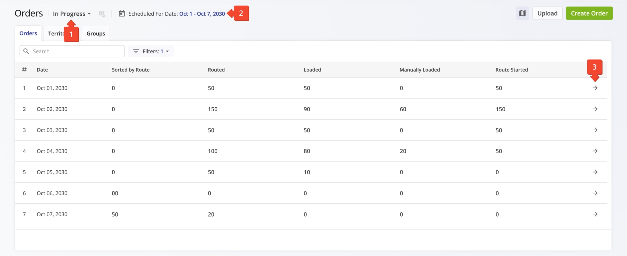 To track the status of the orders included into planned routes, select the In Progress View Mode in your Orders List.