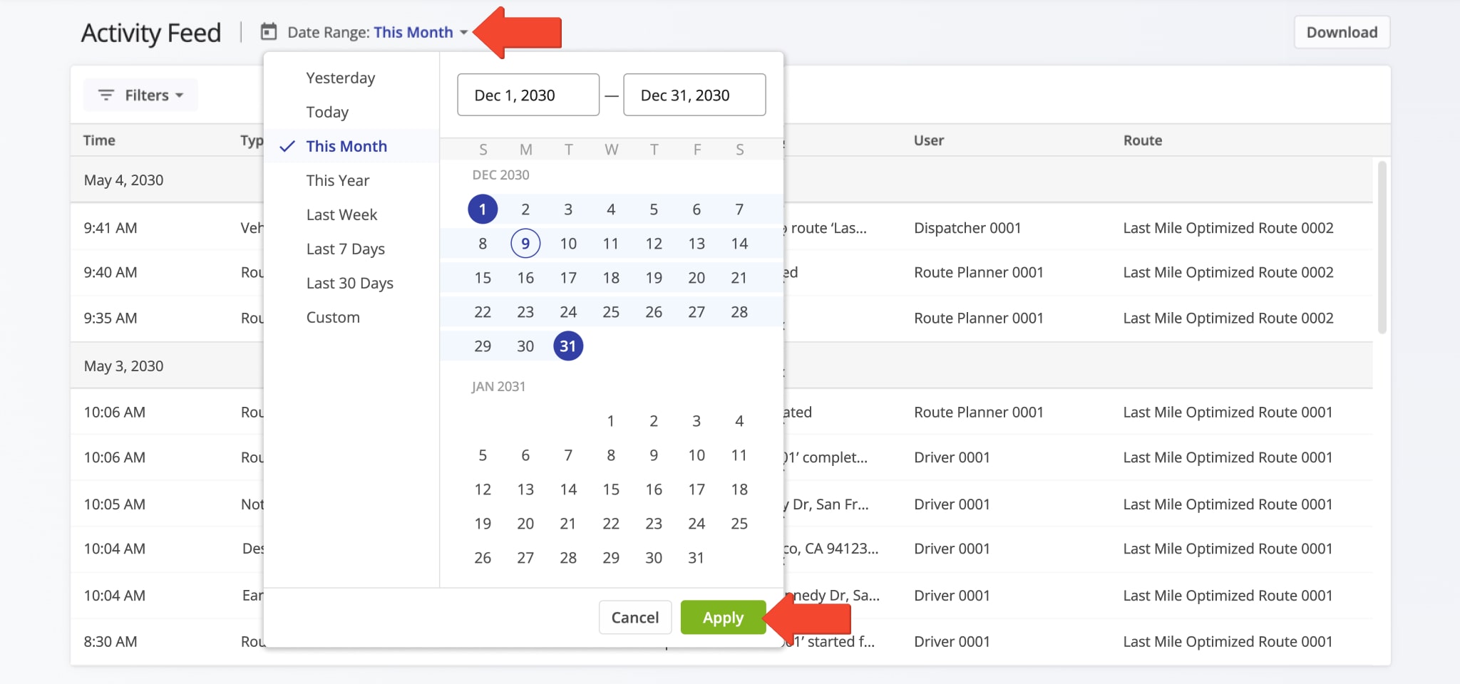 Filter your Activity Feed by date range to see only those event updates logged on the specified date or time frame.