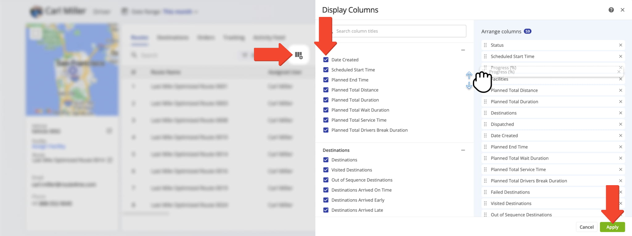 To customize the data columns displayed in your User Snapshot, click the Display Columns Icon and check the boxes next to the columns you want to enable.